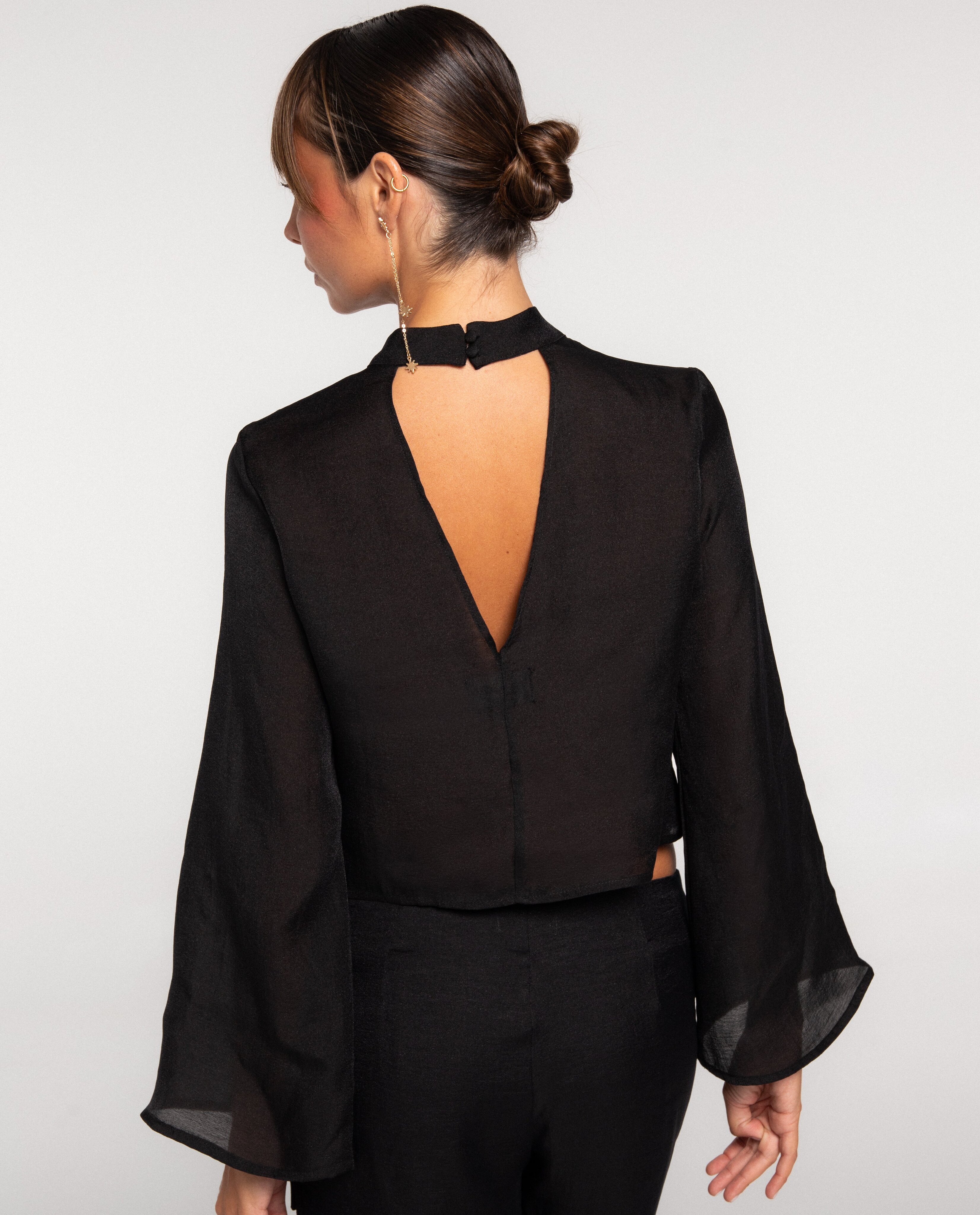 Blusa de cuello subido con bordado y lentejuelas de mujer - The-Are - Negro Negro-3