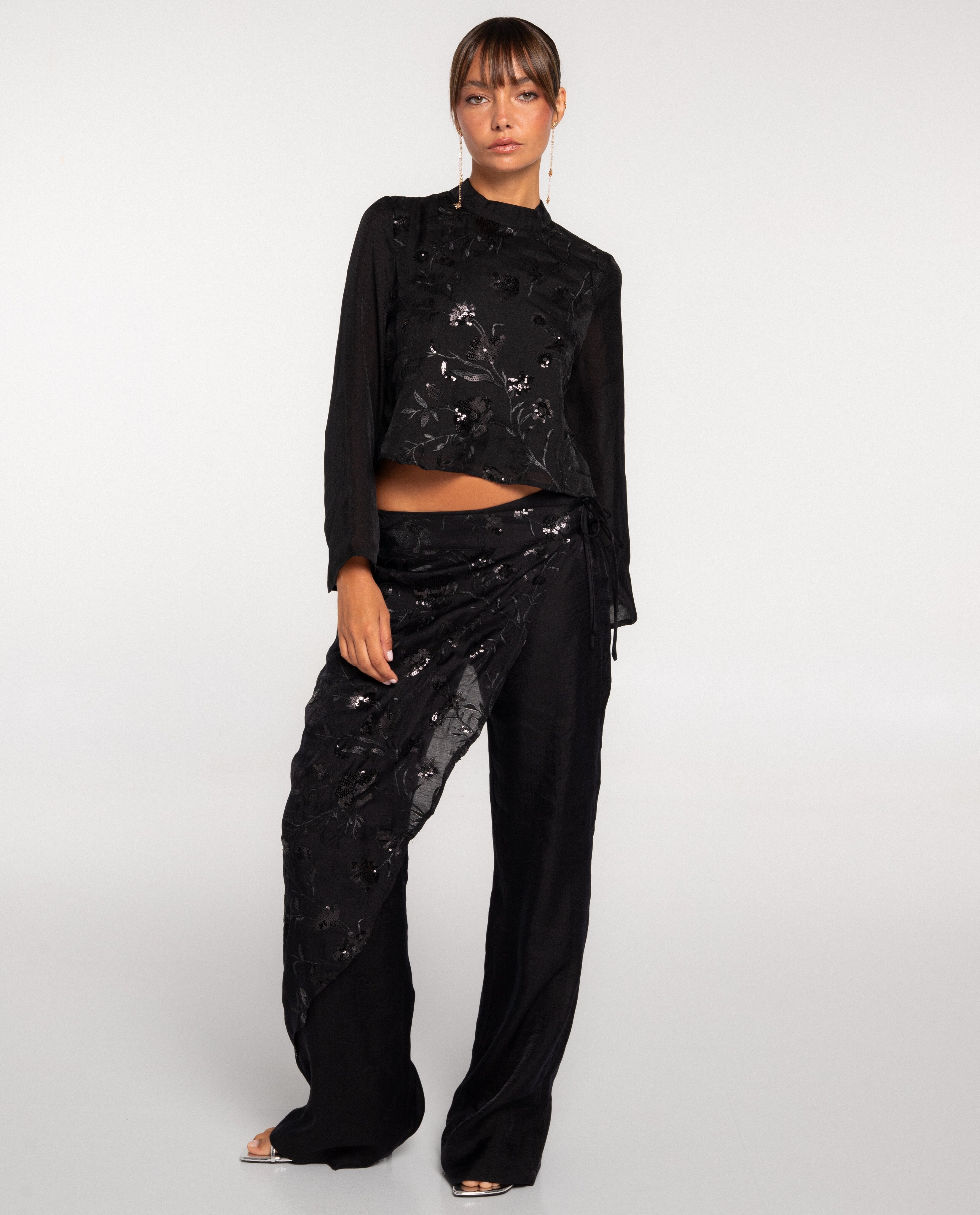 Pantalón recto con bordado y lentejuelas con capa superpuesta de mujer - The-Are - Negro Negro-6