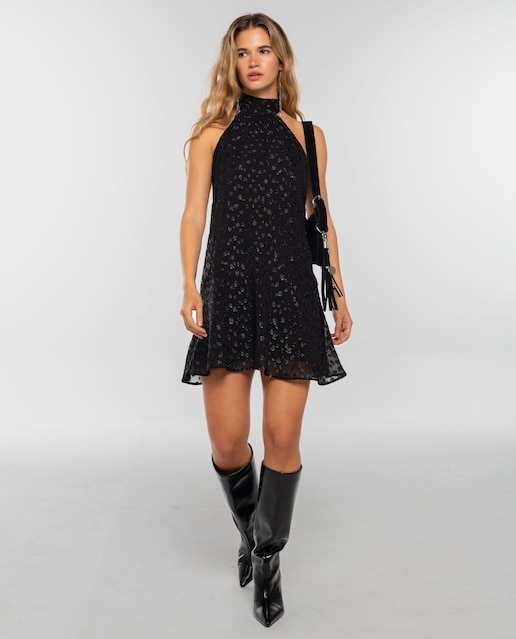 Imagen 0 de Vestido corto plumeti con lúrex y escote halter de mujer