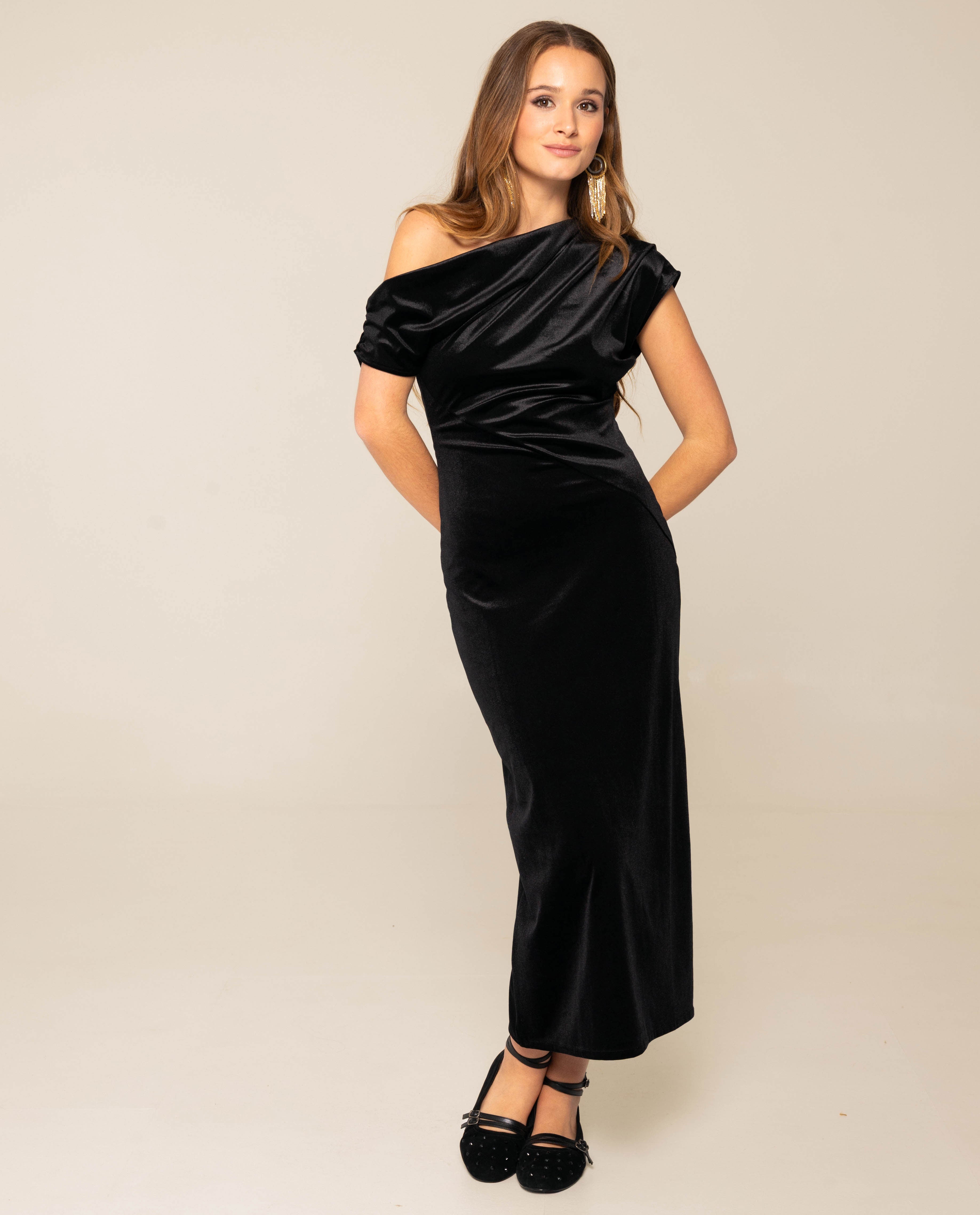 The-Are - Vestido de terciopelo con escote asimétrico de mujer.