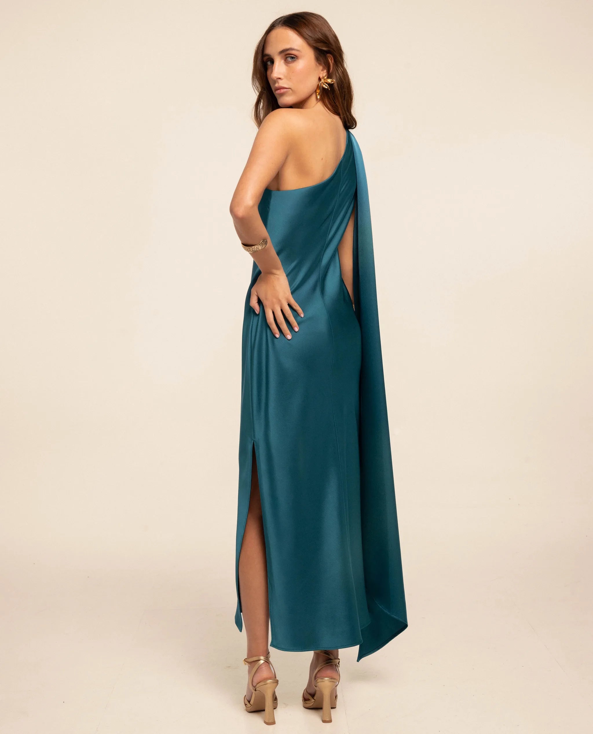 Vestido midi asimétrico con lazada - Turquesa Turquesa-3