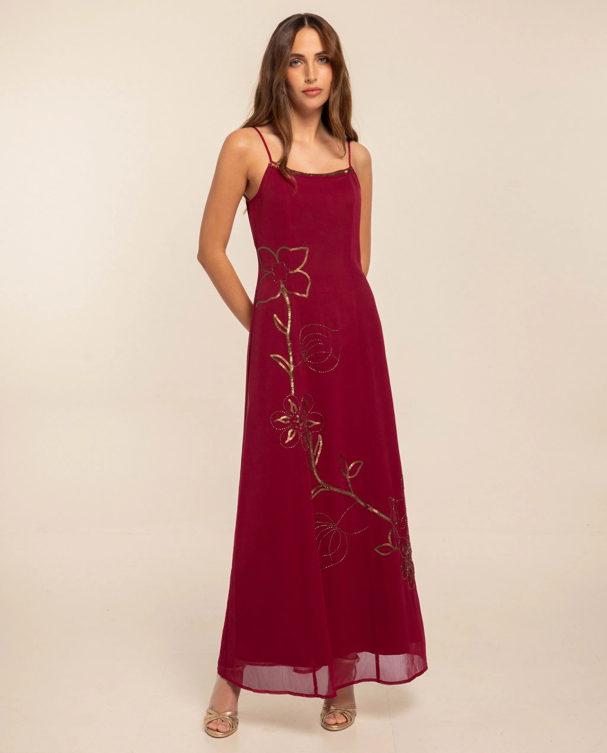 Vestido largo con bordado de lentejuelas y abalorios - The-Are - Rojo Rojo-1