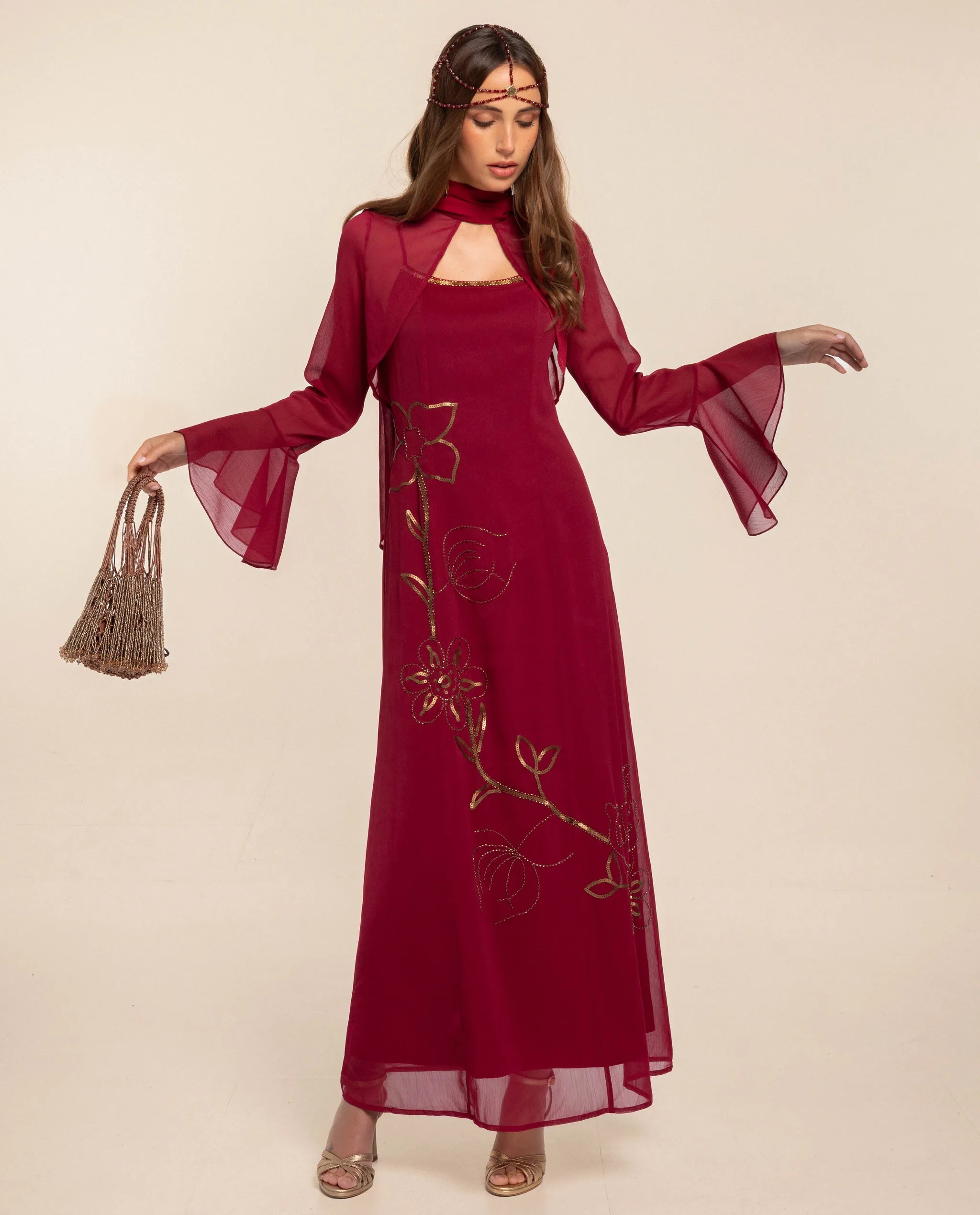 Vestido largo con bordado de lentejuelas y abalorios - The-Are - Rojo Rojo-3