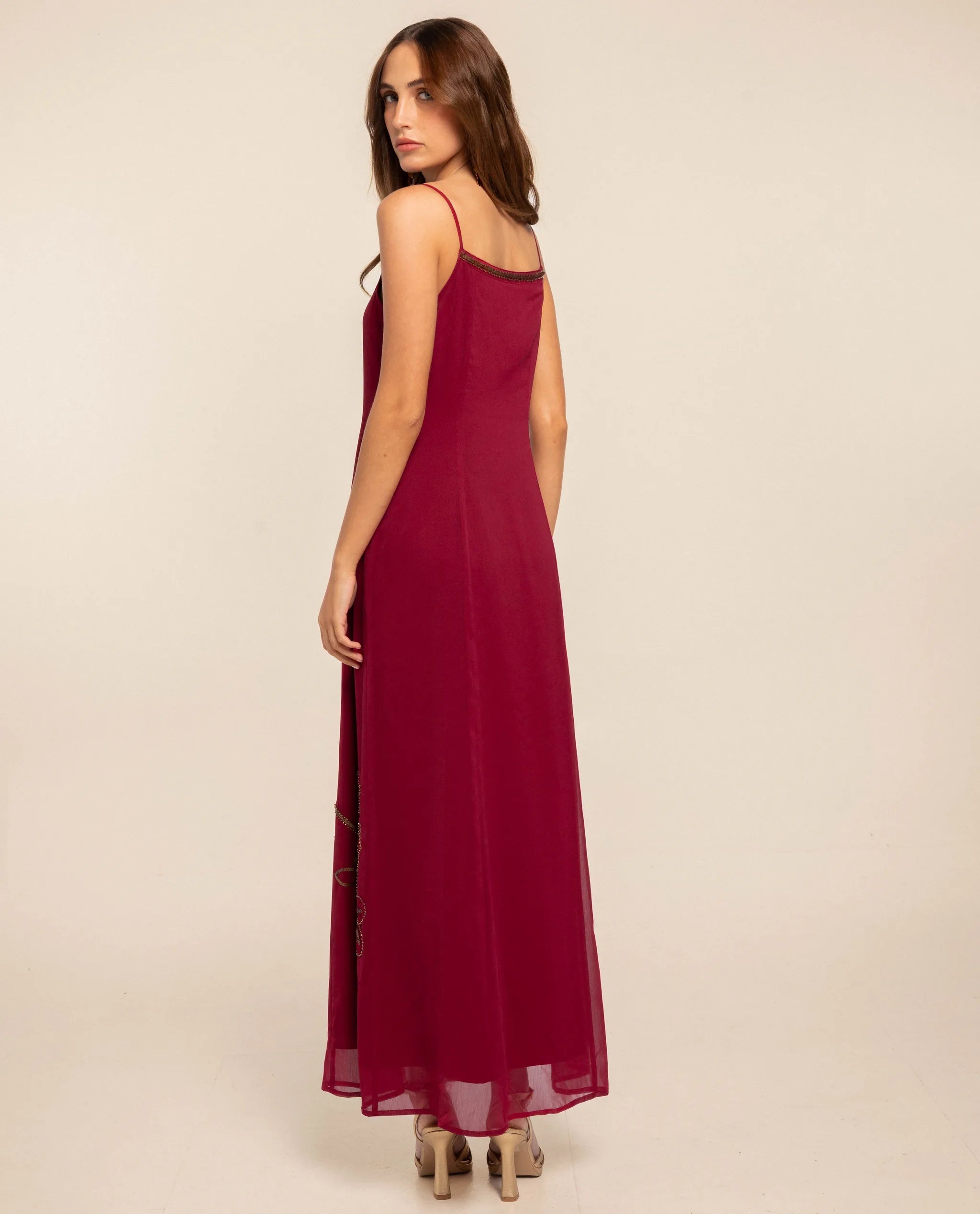 Vestido largo con bordado de lentejuelas y abalorios - The-Are - Rojo Rojo-4