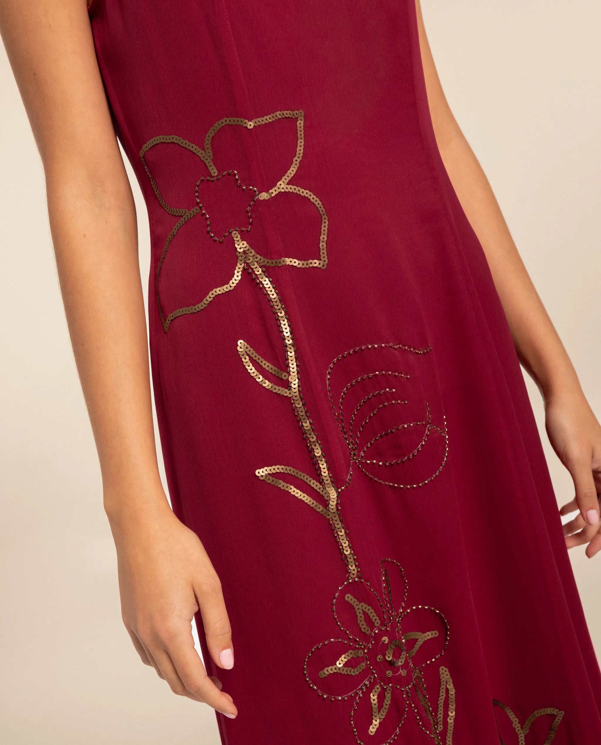 Vestido largo con bordado de lentejuelas y abalorios - The-Are - Rojo Rojo-5