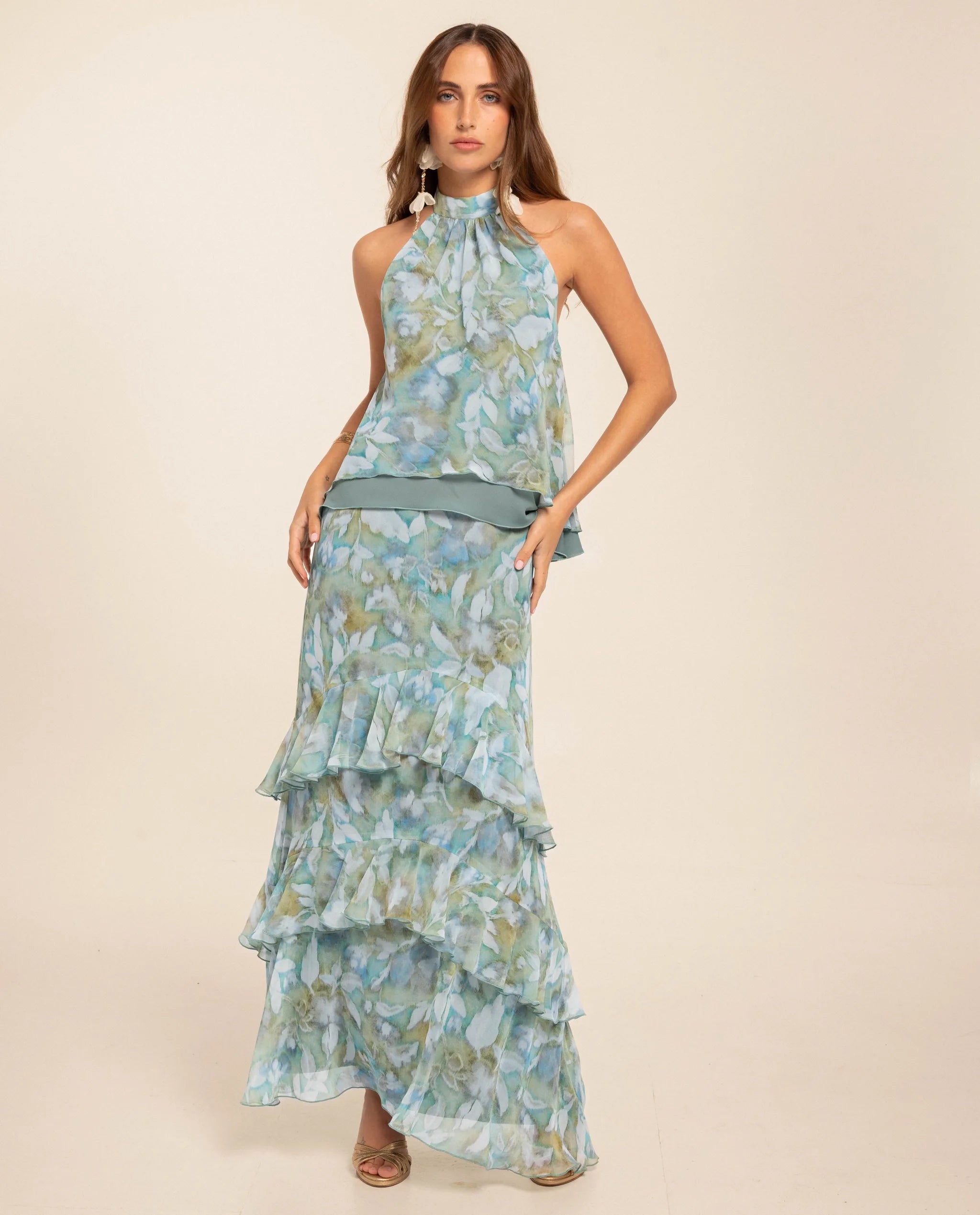 Falda midi evasé con volantes - The-Are - Azul claro Azul claro-1