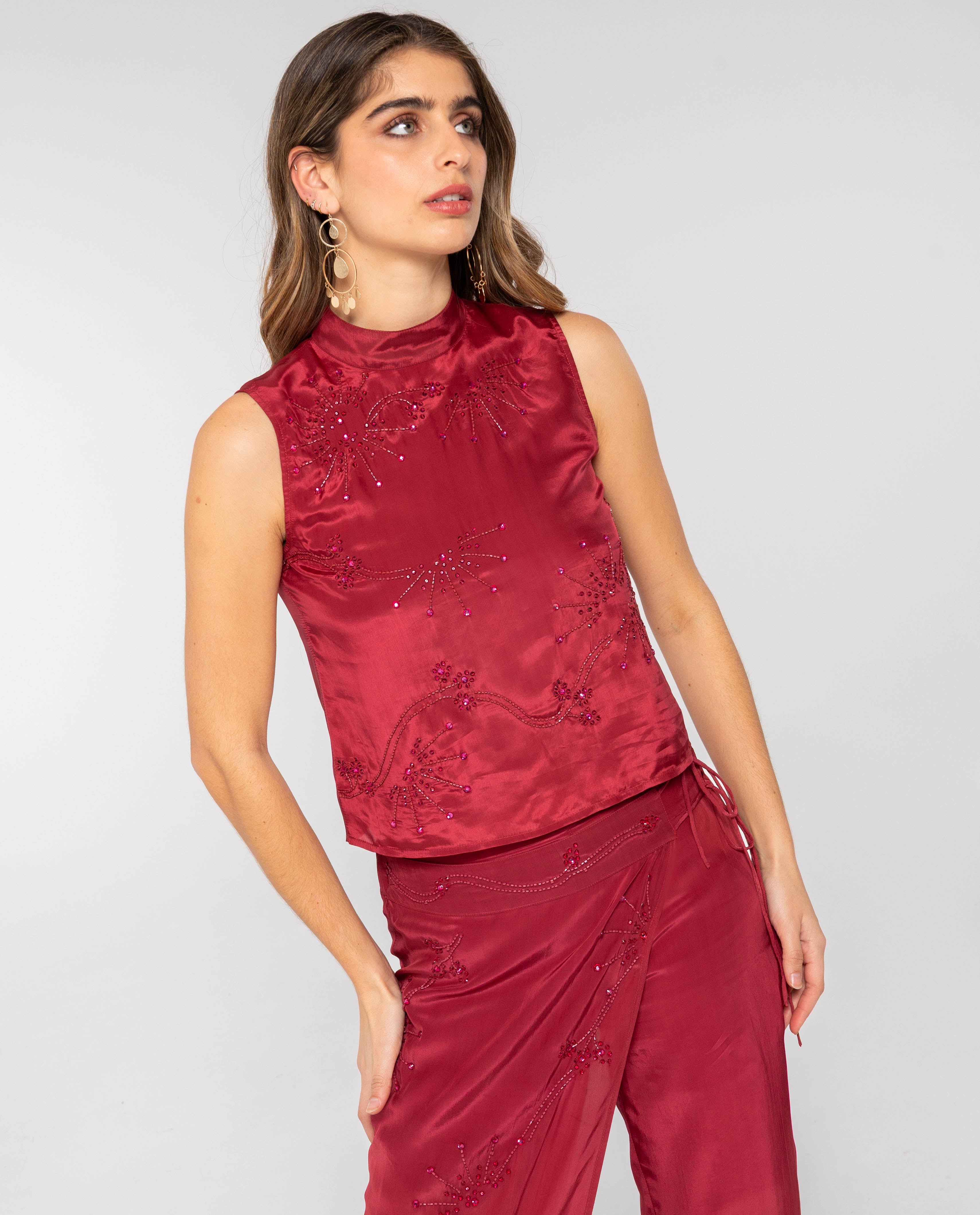 The-Are - Blusa sin mangas con tejido bordado con abalorios de mujer.