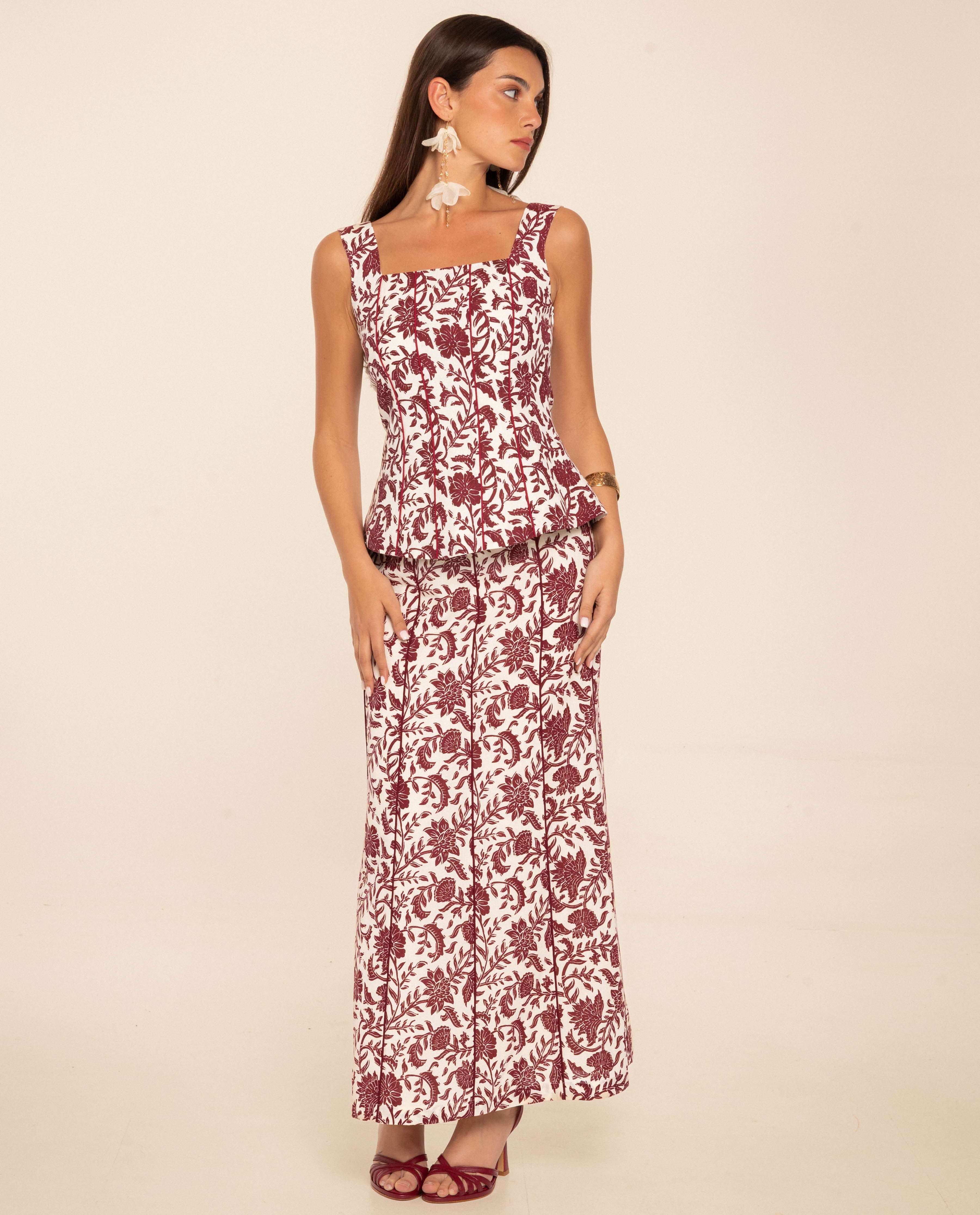 The-Are - Falda midi estampada con lino.