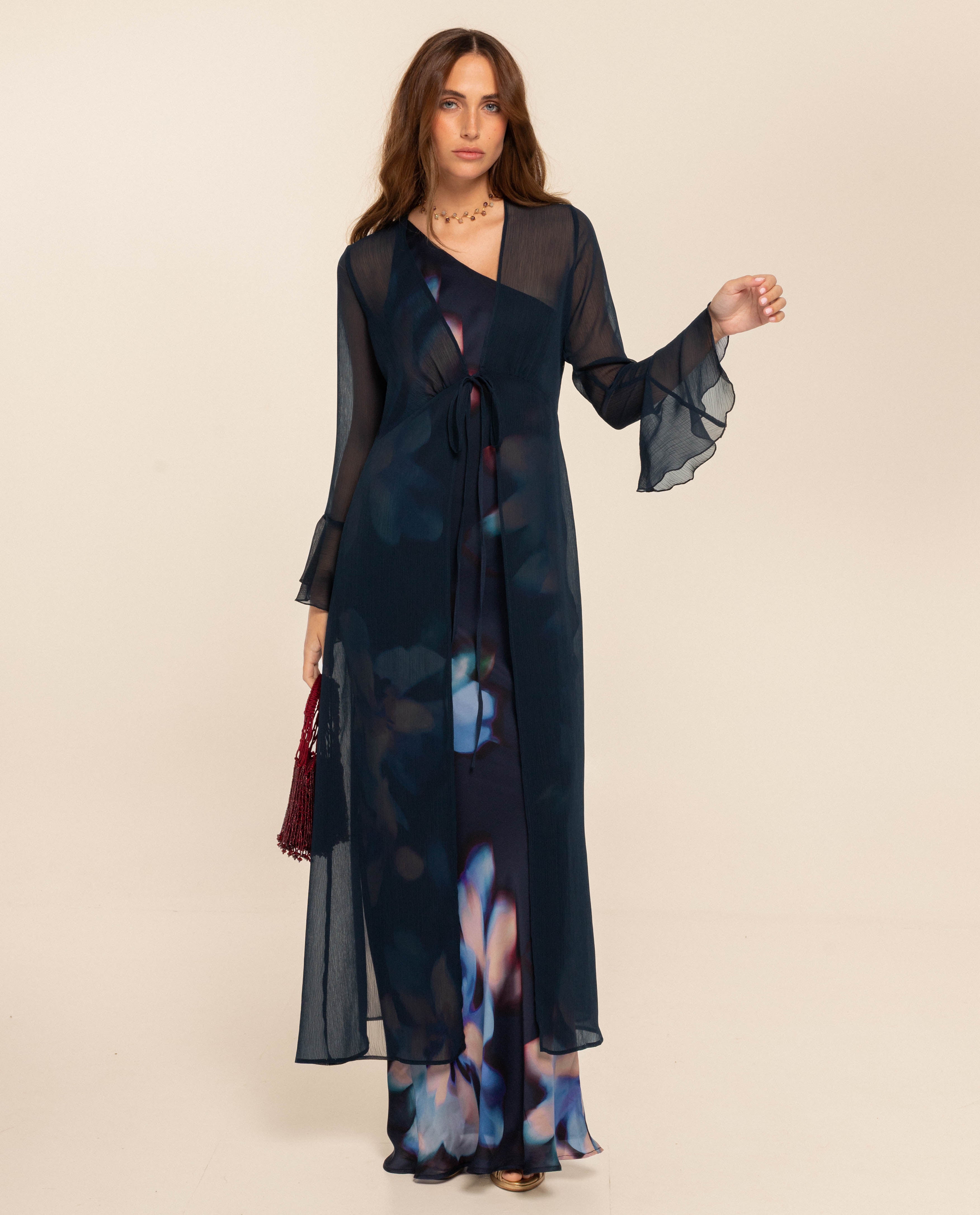 The-Are - Chaqueta larga de mujer de gasa con lazada y volantes.