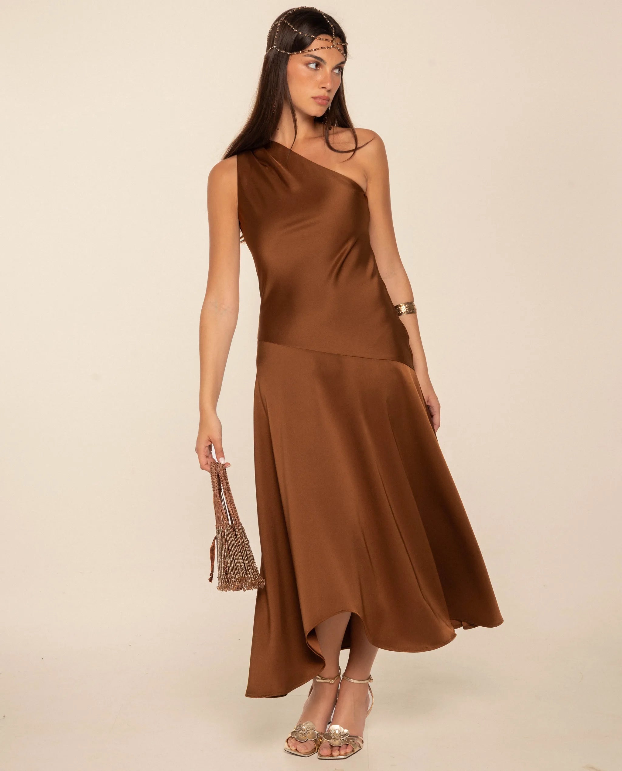 Vestido midi con escote asimétrico y falda de capa - The-Are - Marrón Marrón-1