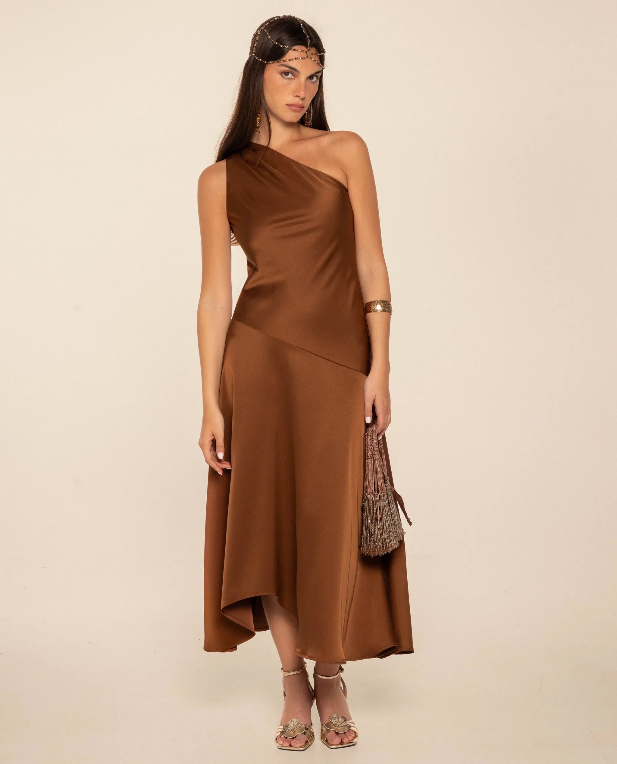 Vestido midi con escote asimétrico y falda de capa - The-Are - Marrón Marrón-2