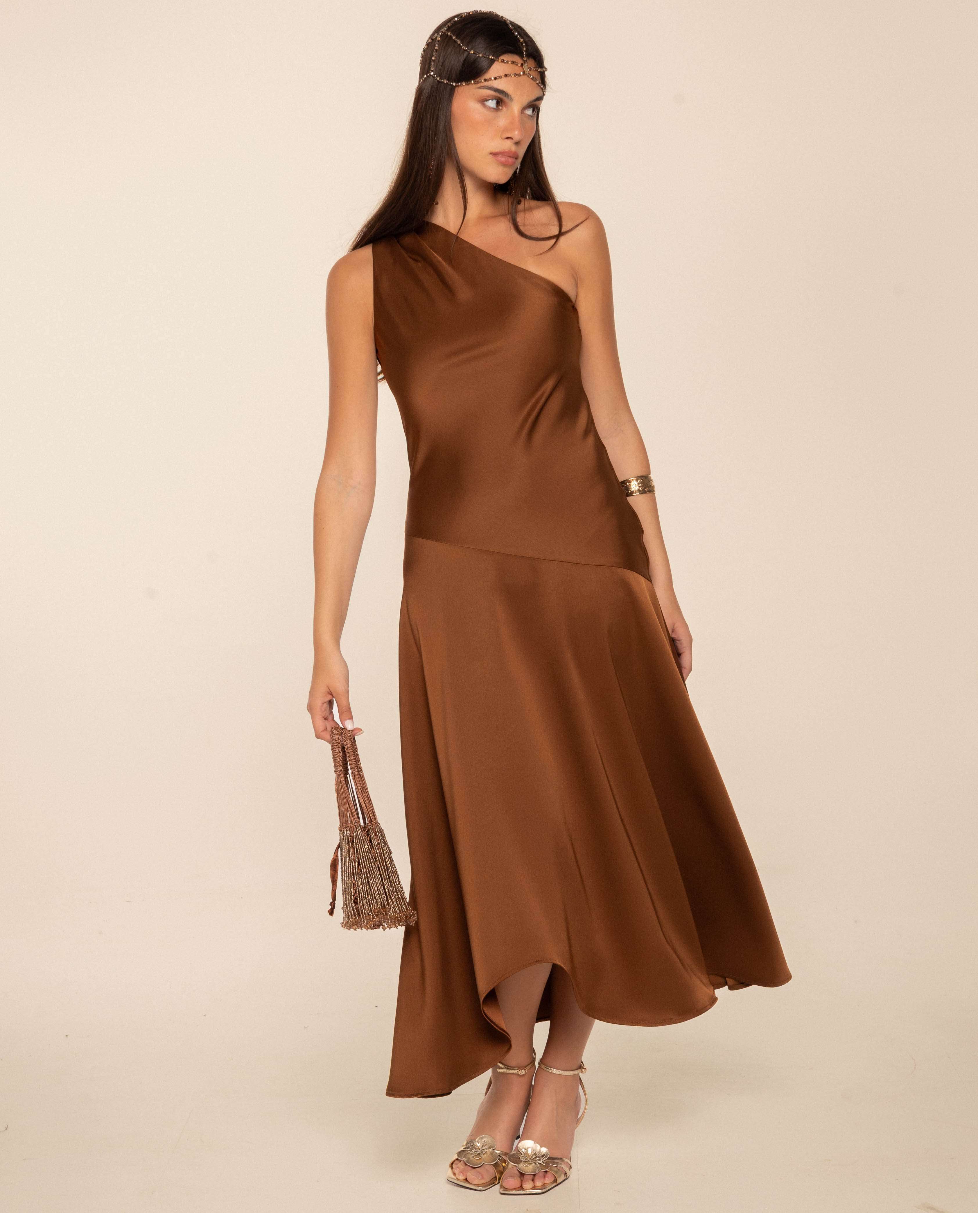 The-Are - Vestido midi con escote asimétrico color ciruela.