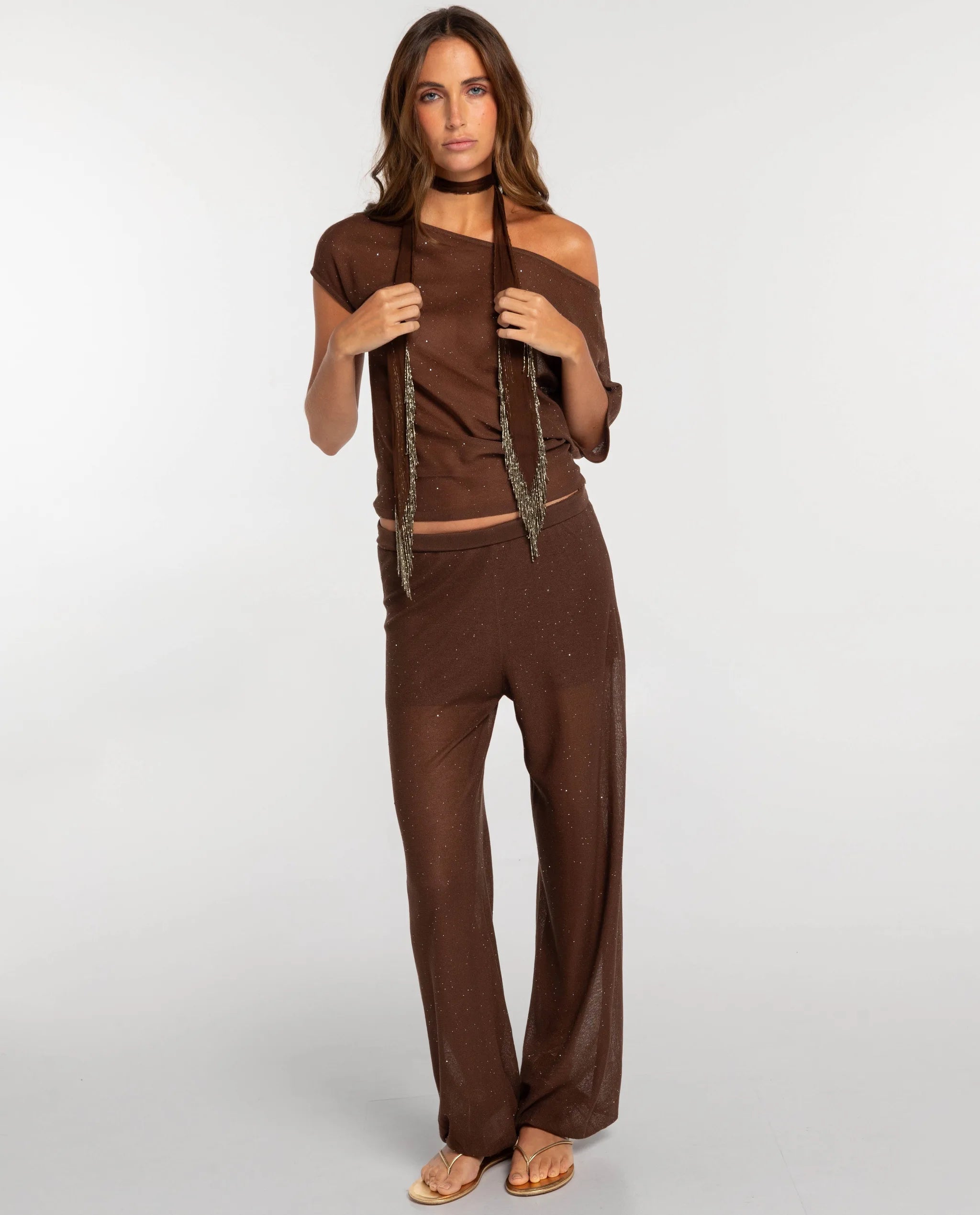 The-Are - Pantalón recto de mujer de punto con brillo.