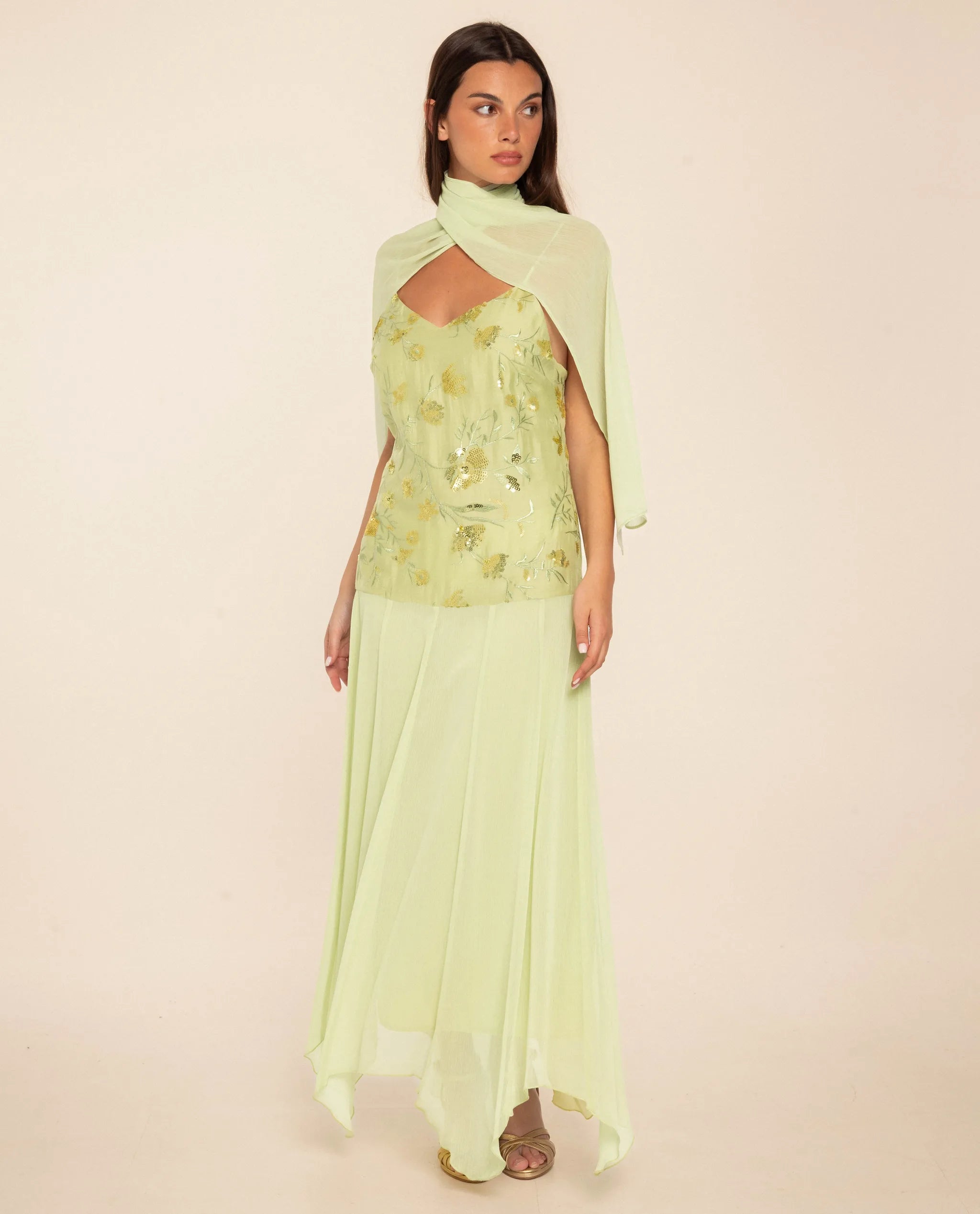 Vestido midi con cuerpo de bordados y gasa - The-Are - Verde claro Verde claro-1