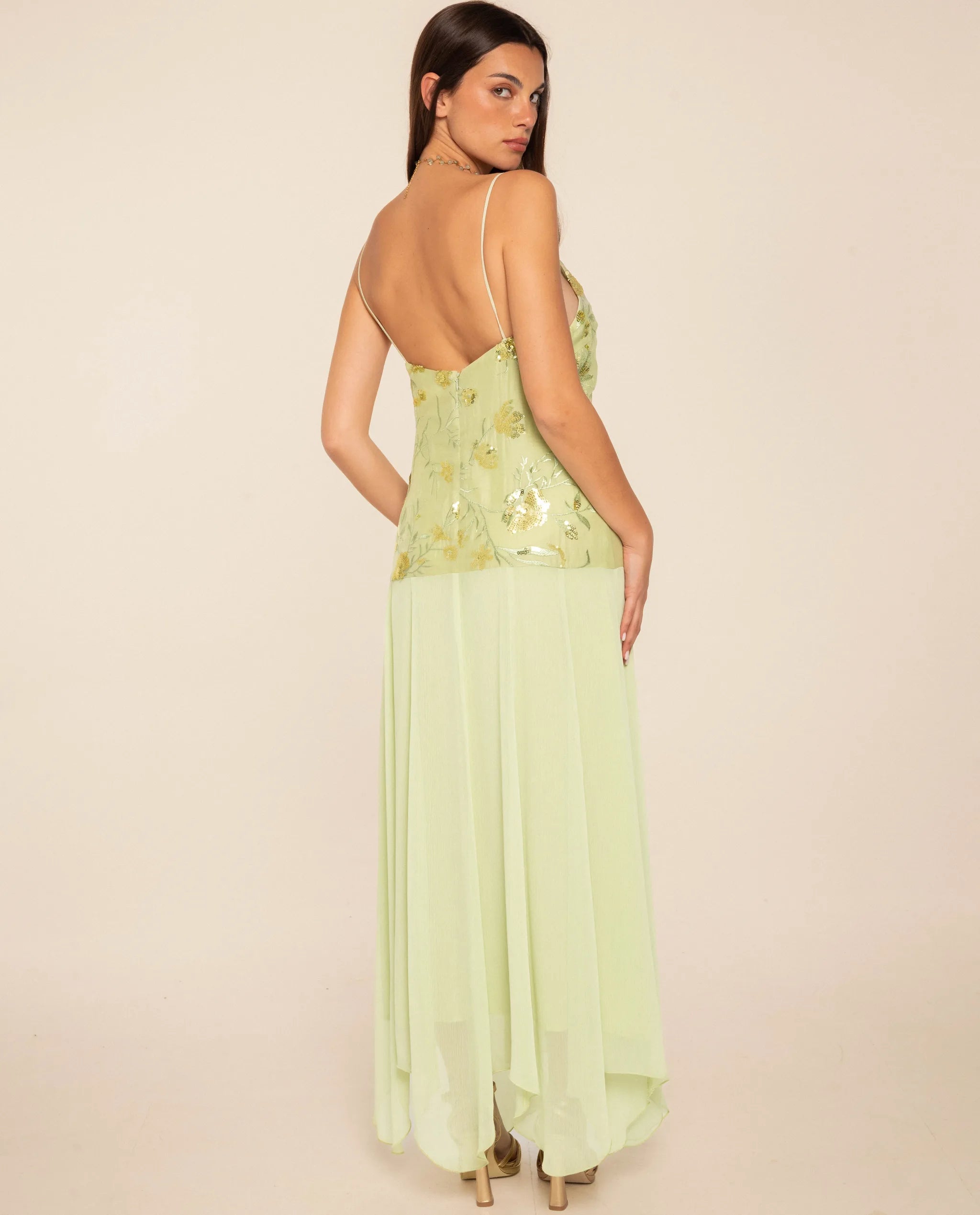 Vestido midi con cuerpo de bordados y gasa - The-Are - Verde claro Verde claro-4