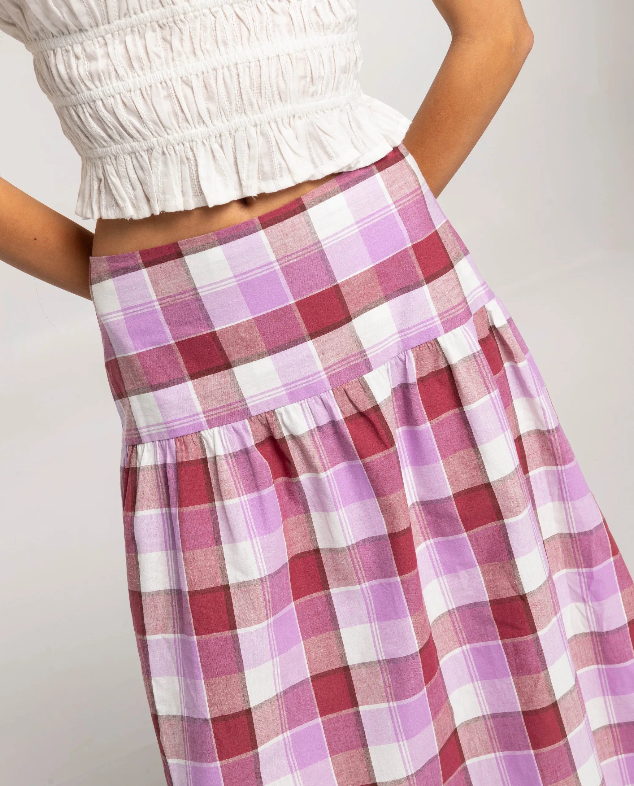 Falda larga de cuadros con canesú - The-Are - Rosa Rosa-4