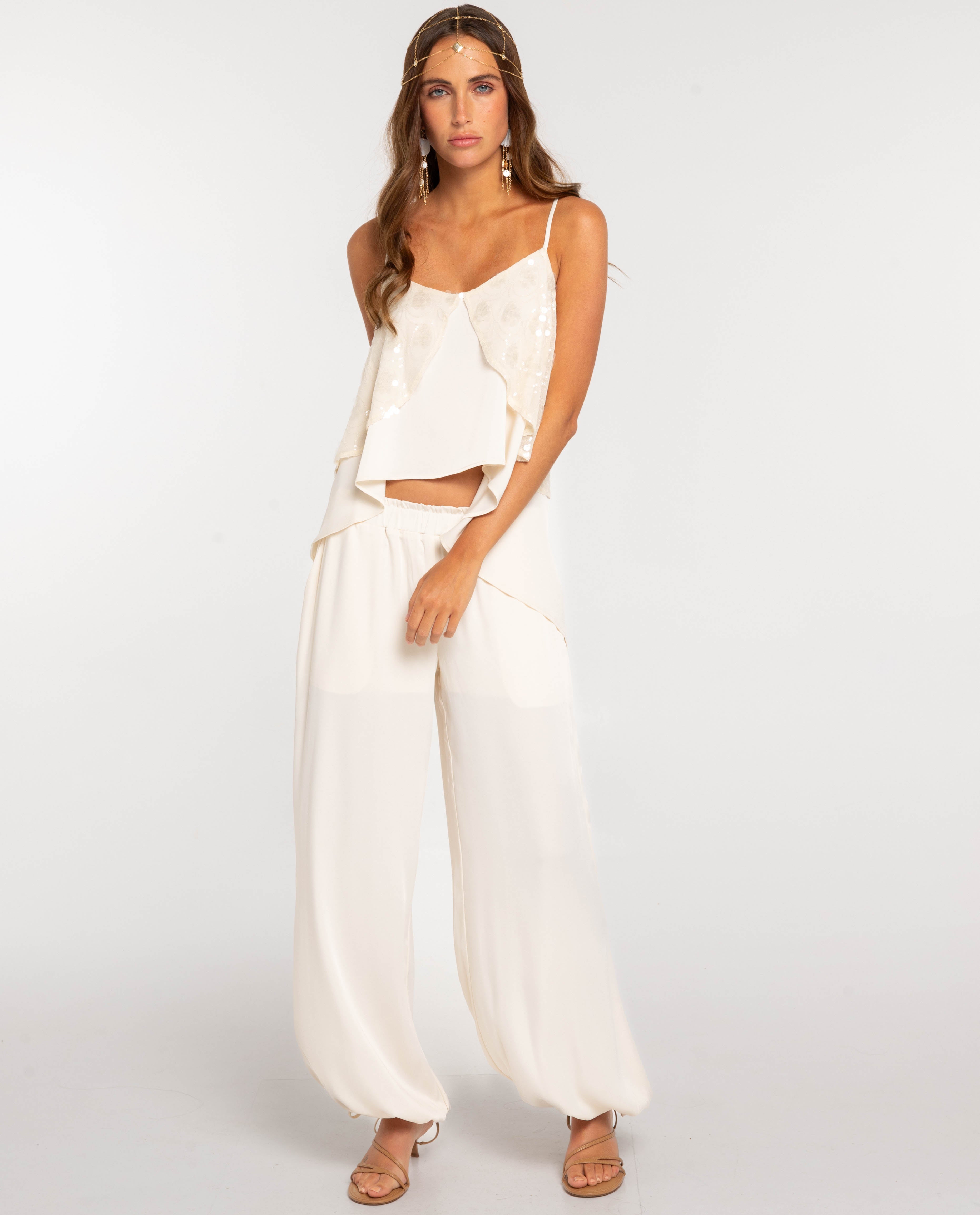 The-Are - Pantalón ancho de mujer con bajo fruncido.