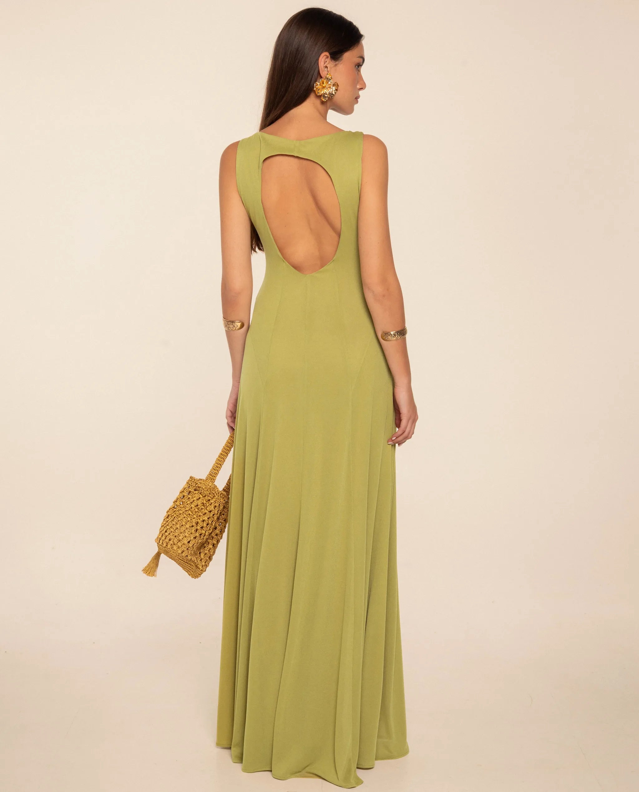 Vestido largo de punto con escote en la espalda - The-Are - Verde Verde-4