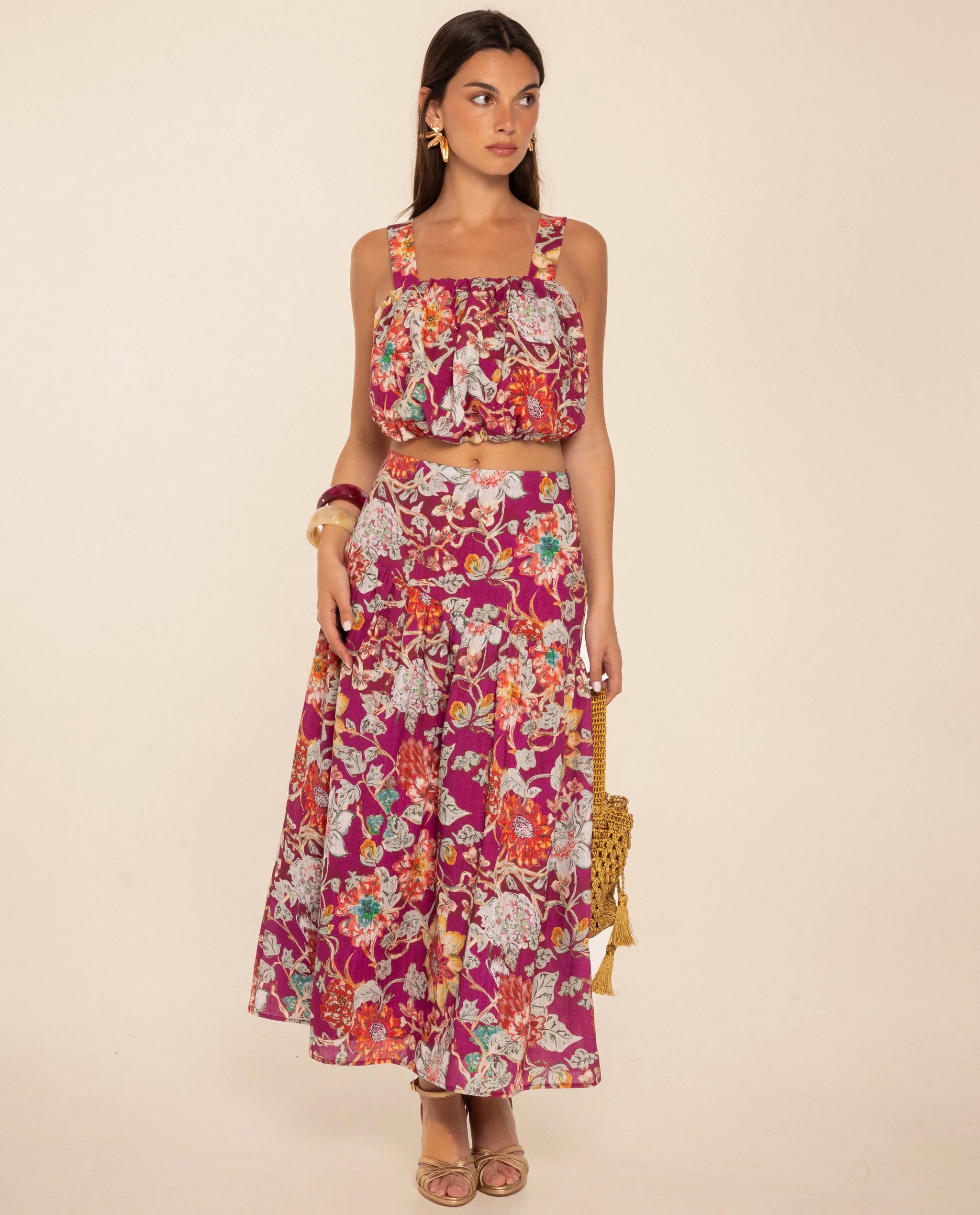 Falda midi con canesú y fruncidos - The-Are - Multicolor Multicolor-1
