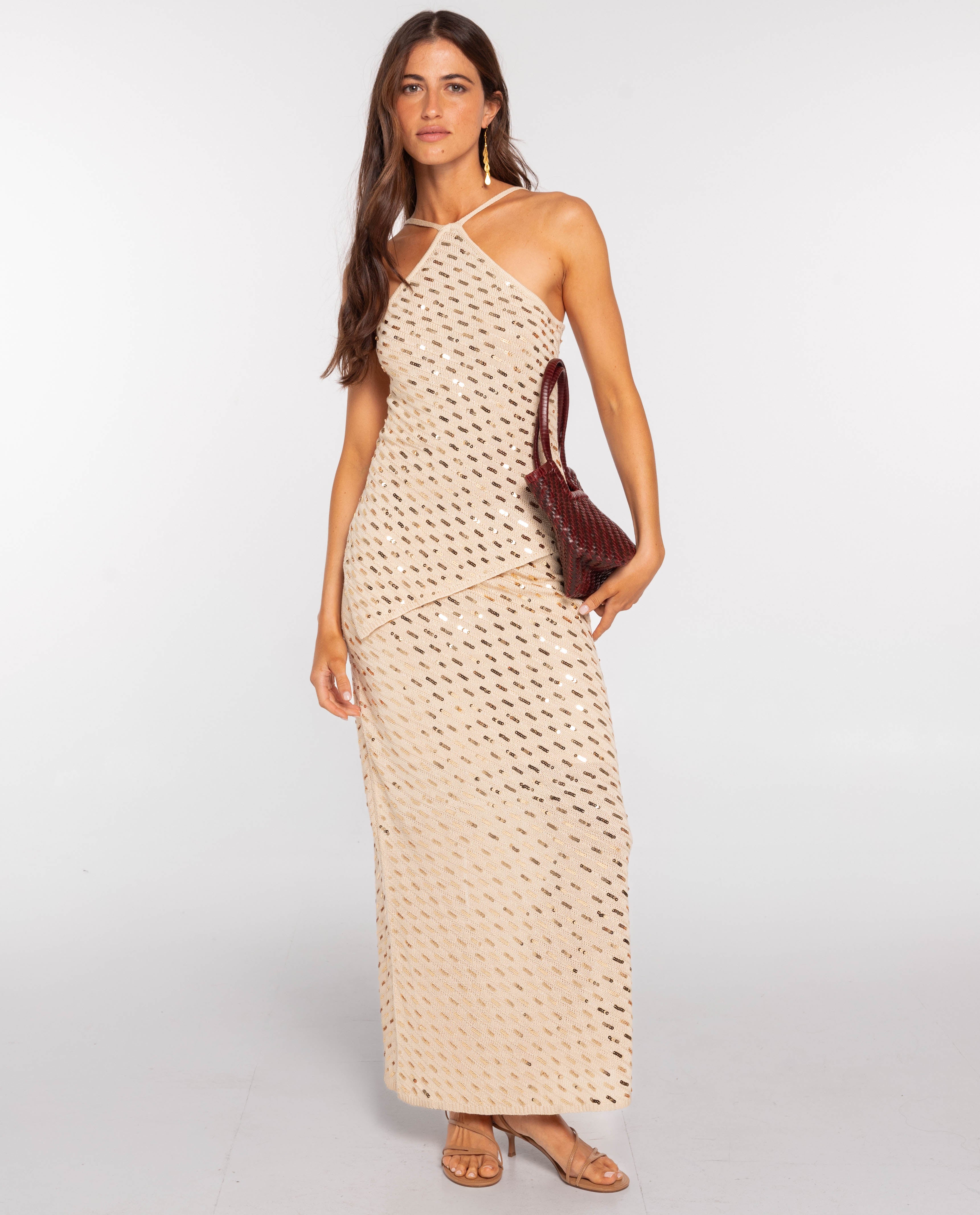 Top de punto con lentejuelas y escote halter de mujer - The-Are - Beige Beige-4