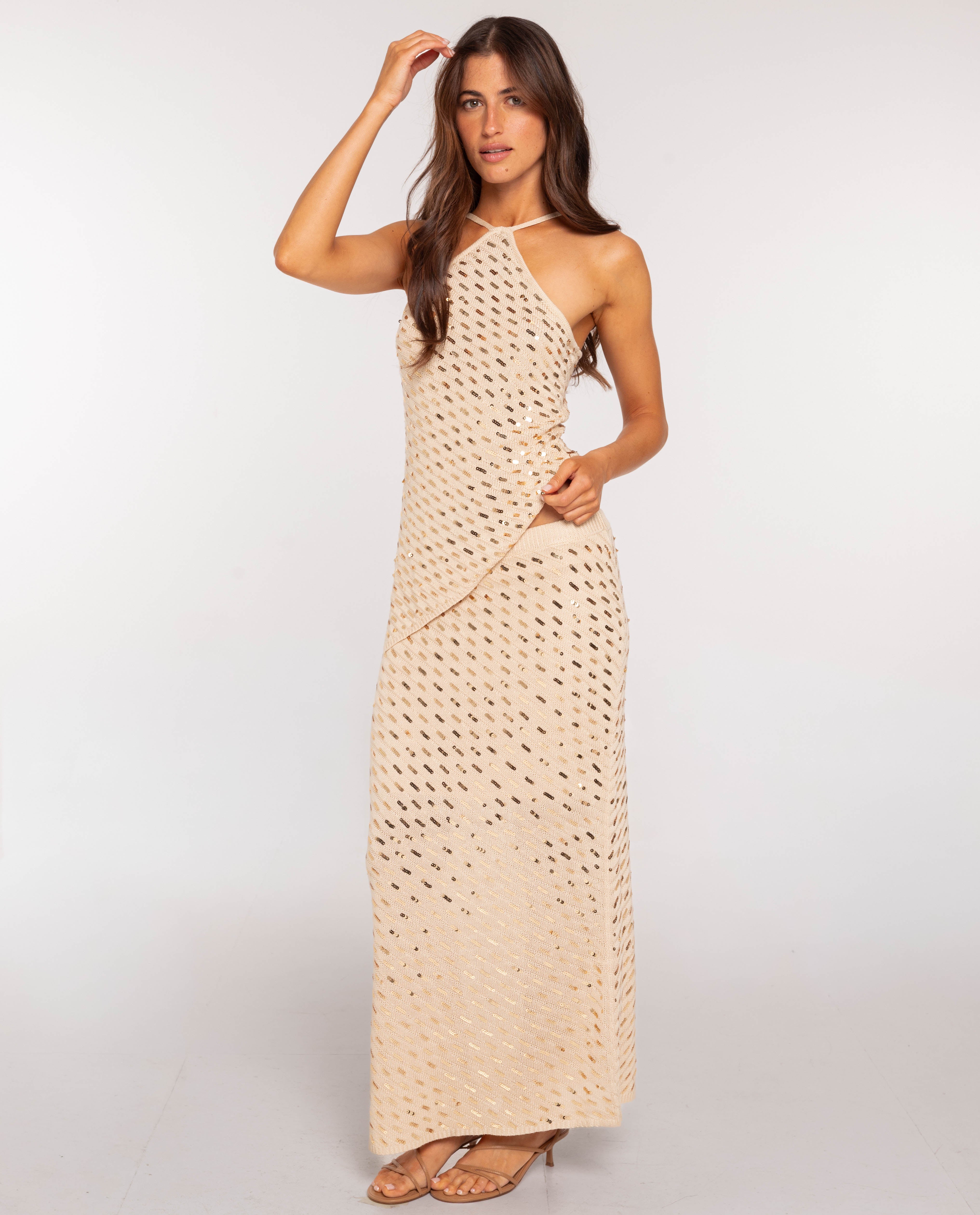 The-Are - Falda midi de punto con lentejuelas.
