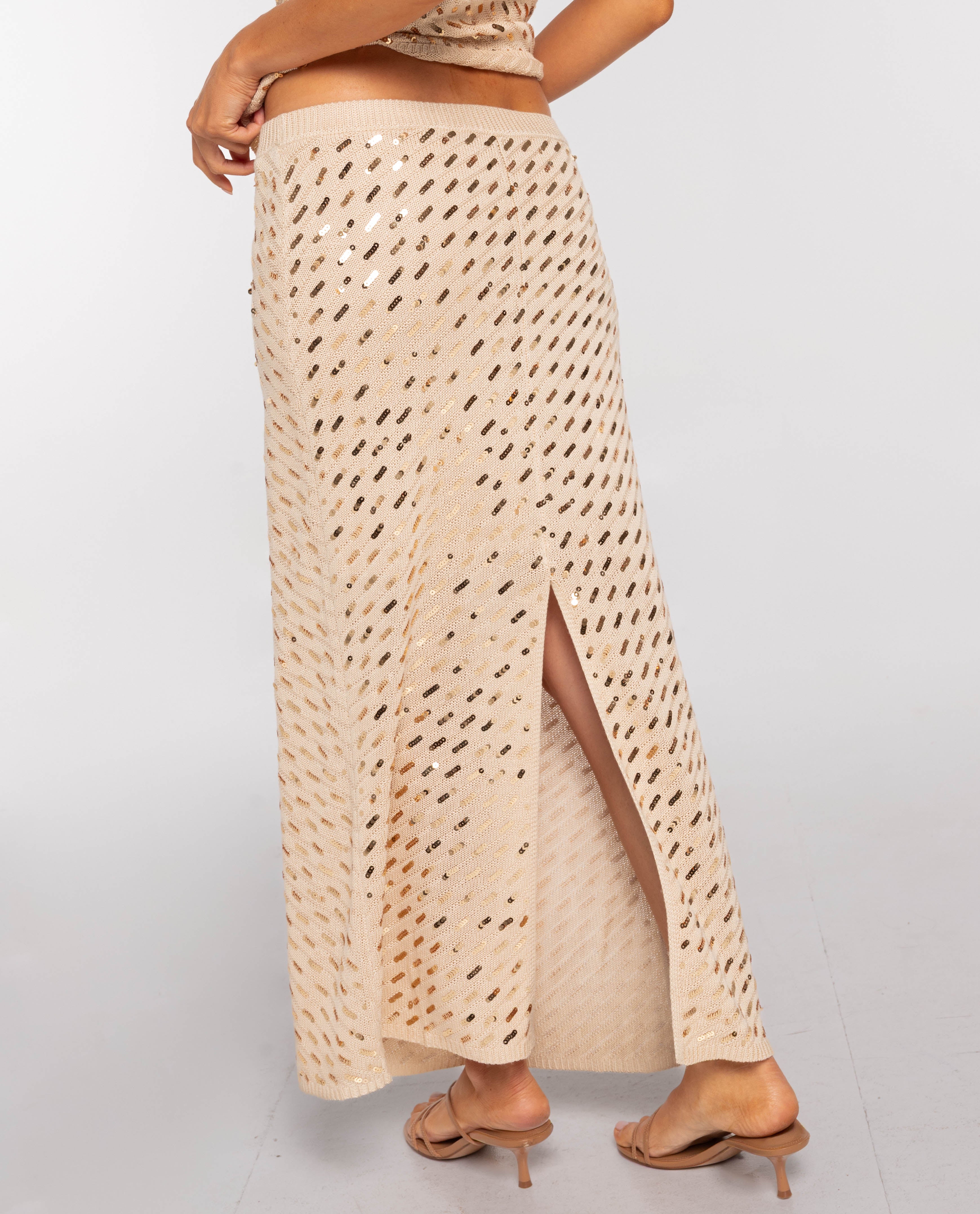 Falda midi de punto con lentejuelas - The-Are - Beige Beige-3