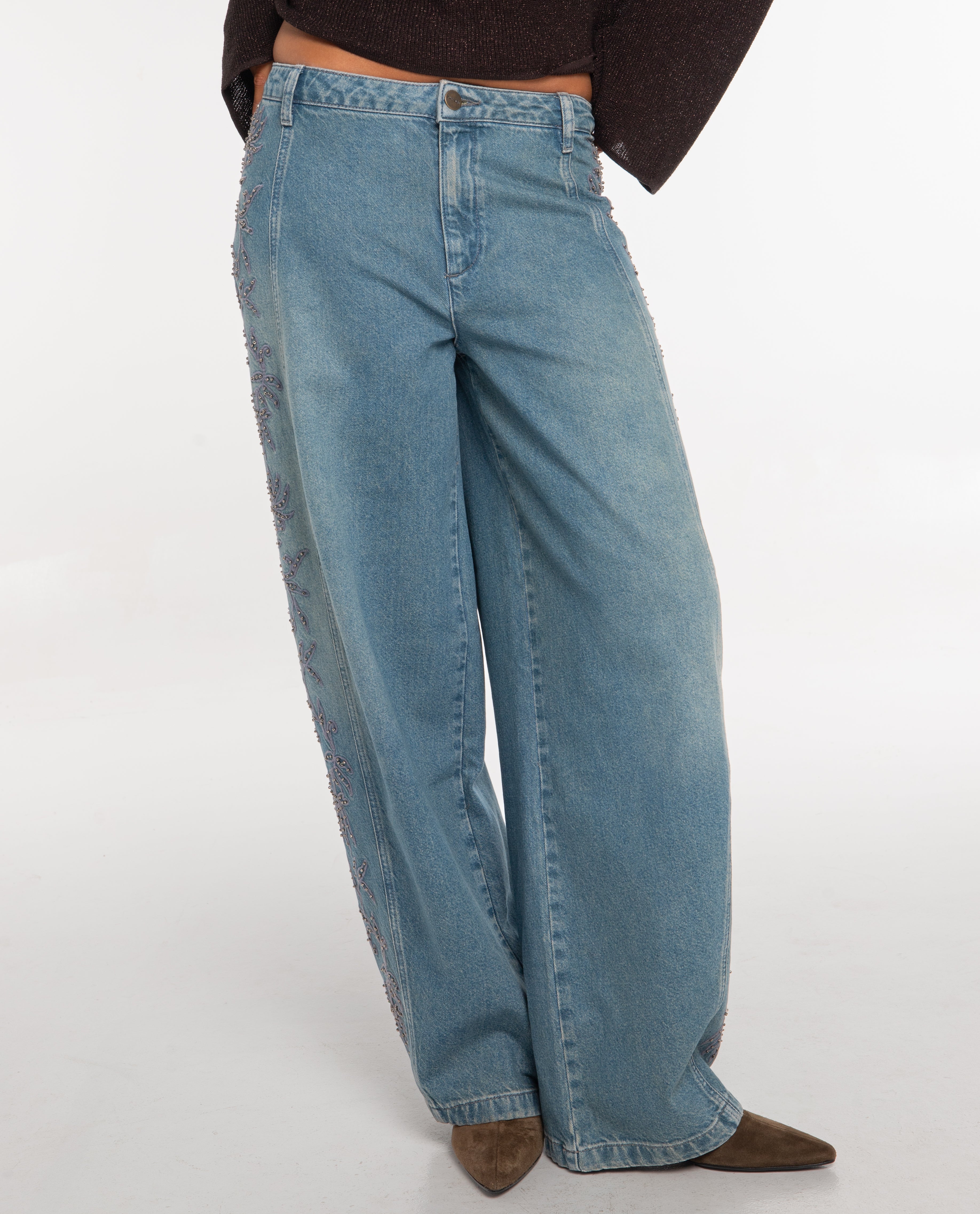 Pantalones rectos vaqueros de tiro alto tipo barrel con bordado lateral de mujer - The-Are - Azul claro Azul claro-2