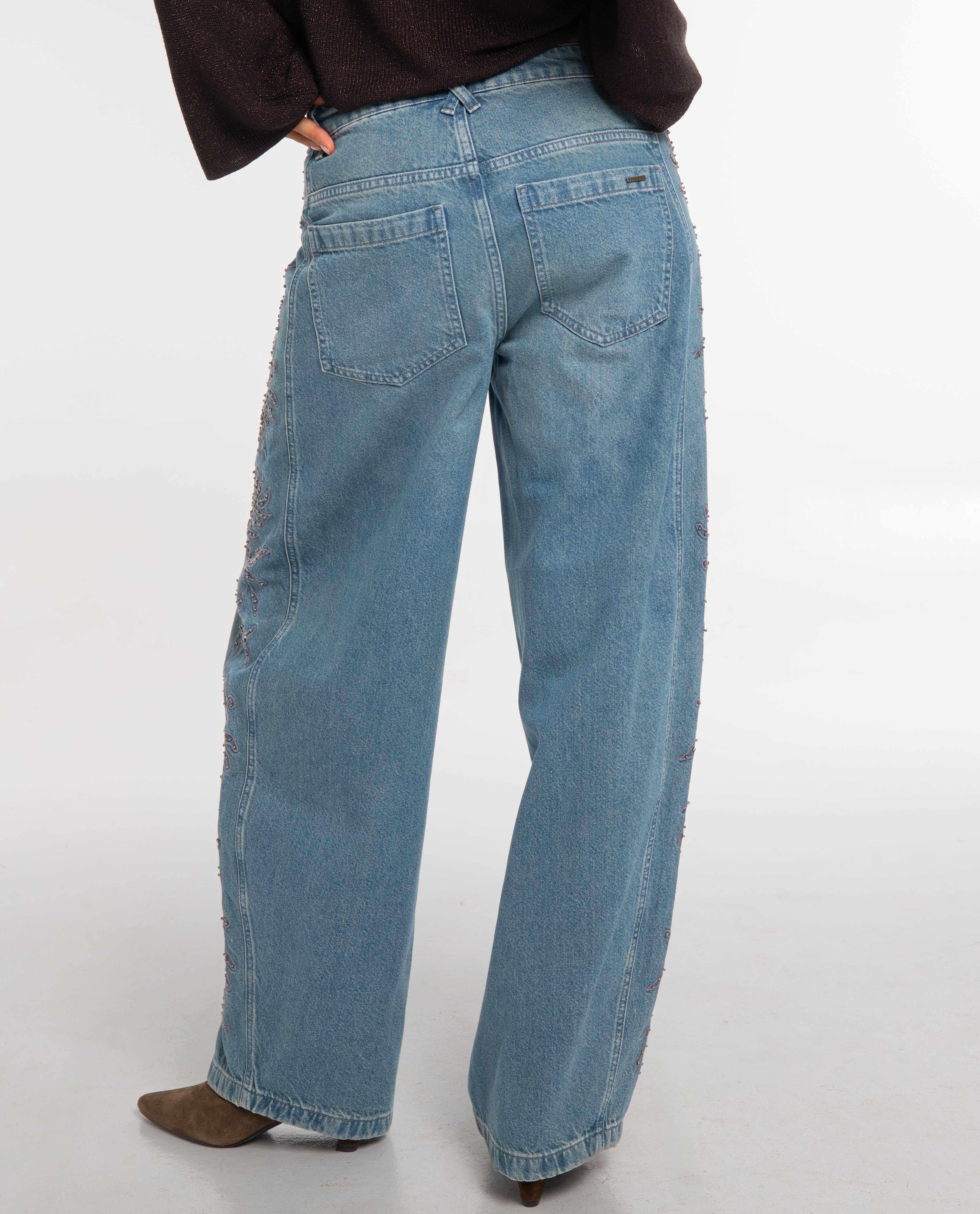 Pantalones rectos vaqueros de tiro alto tipo barrel con bordado lateral de mujer - The-Are - Azul claro Azul claro-3