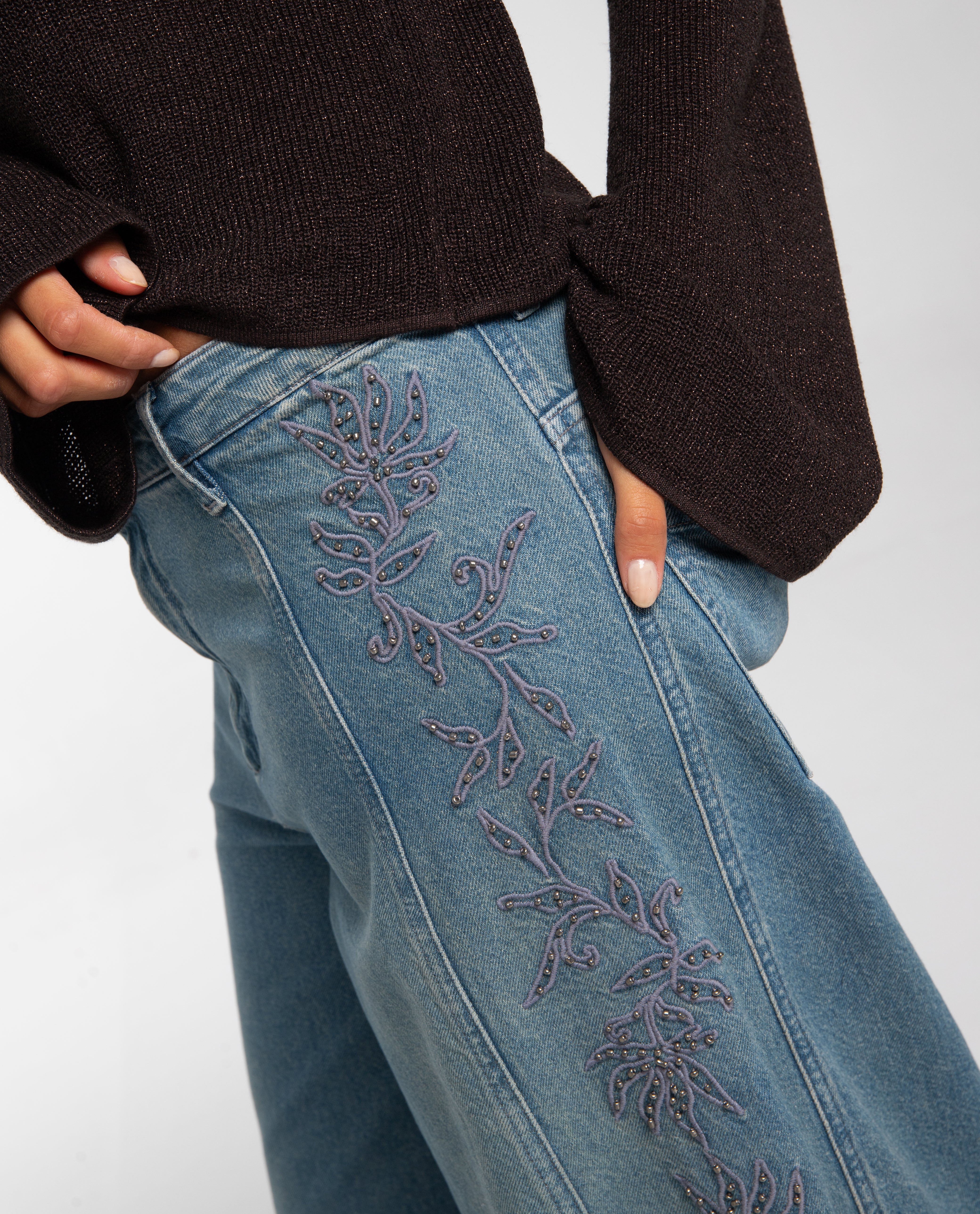 Pantalones rectos vaqueros de tiro alto tipo barrel con bordado lateral de mujer - The-Are - Azul claro Azul claro-4