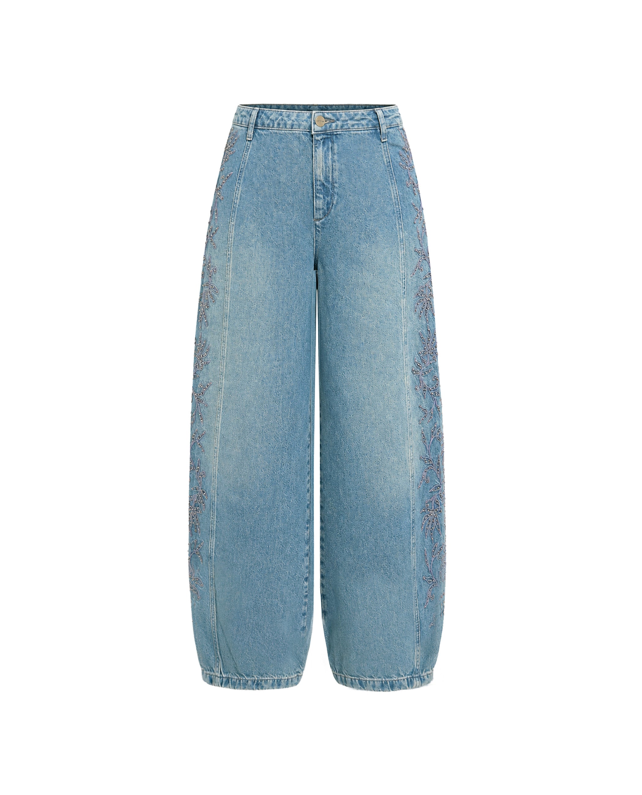 Pantalones rectos vaqueros de tiro alto tipo barrel con bordado lateral de mujer - The-Are - Azul claro Azul claro-5