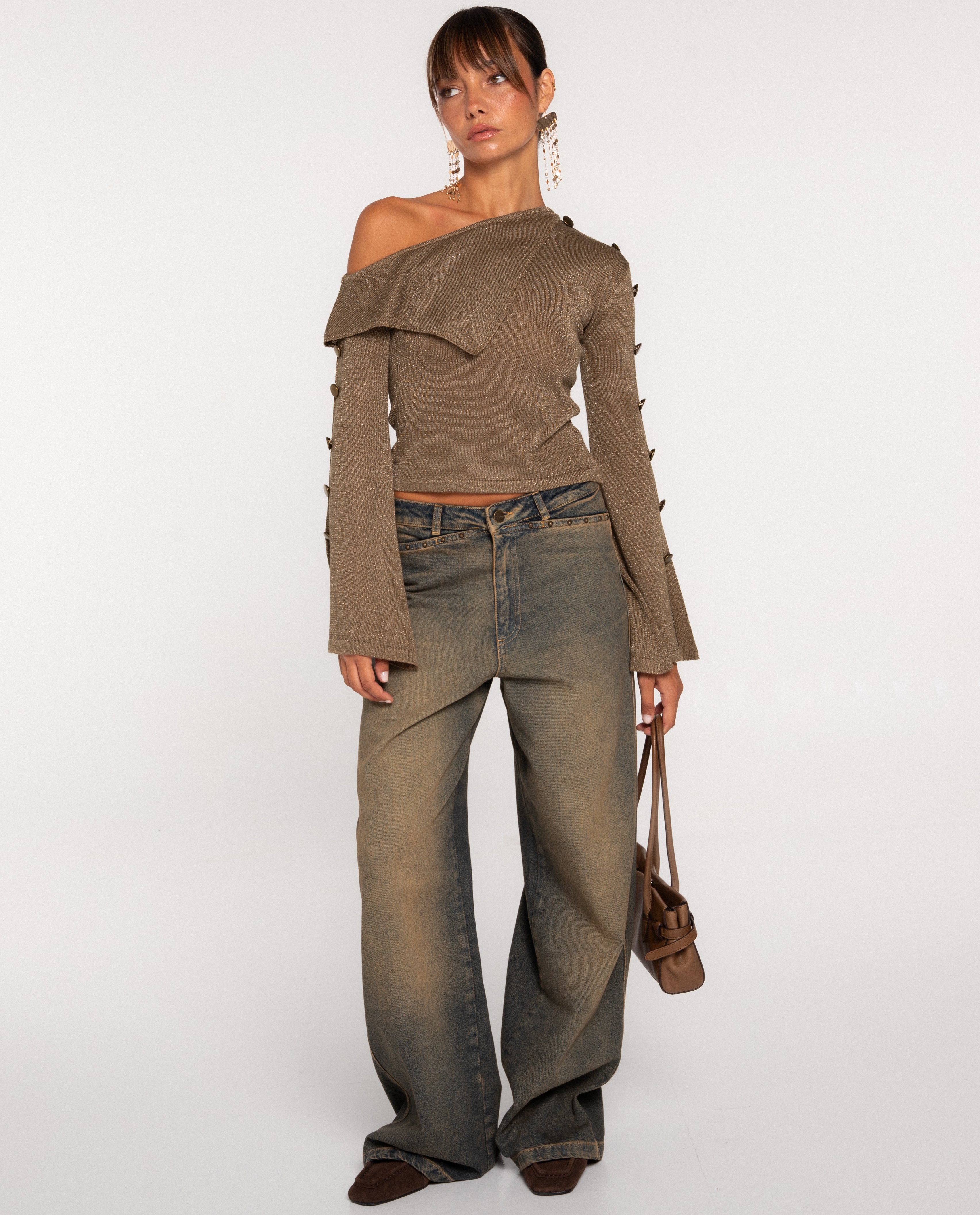 Imagen 0 de Pantalón ancho vaquero de tiro alto y silueta baggy con remaches de mujer Azul