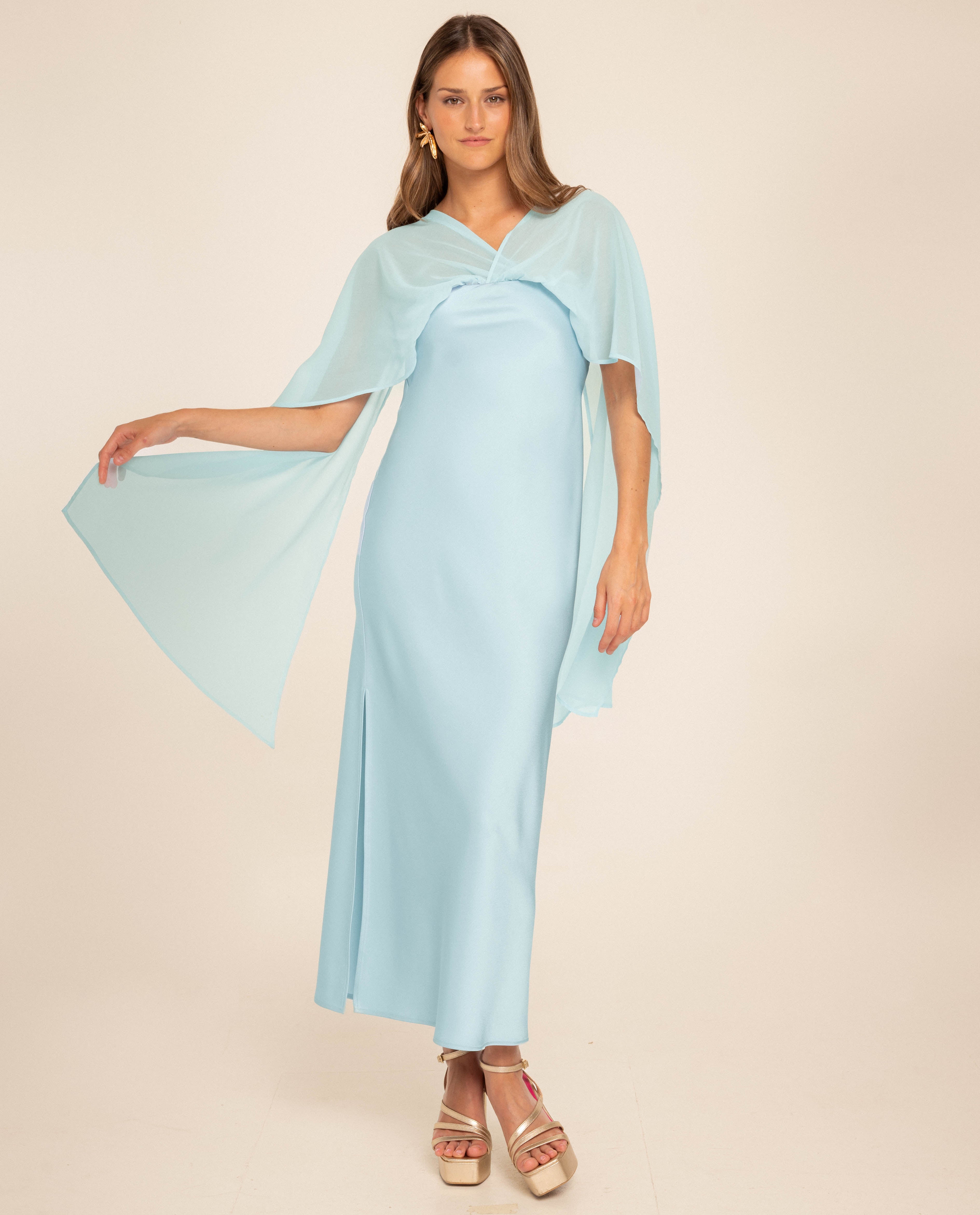 Vestido midi con escote palabra de honor y capa - The-Are - Azul claro Azul claro-1