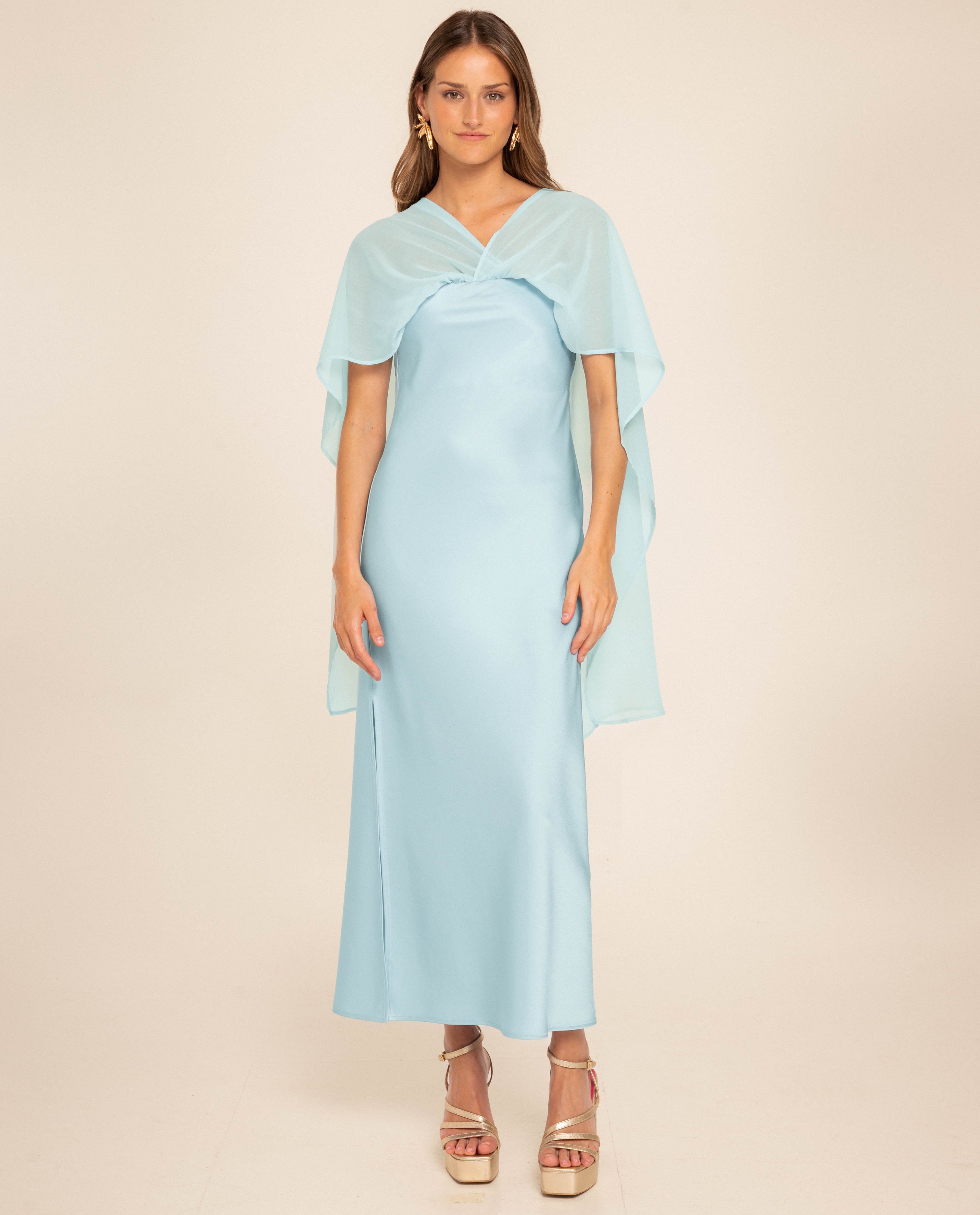 Vestido midi con escote palabra de honor y capa - The-Are - Azul claro Azul claro-2