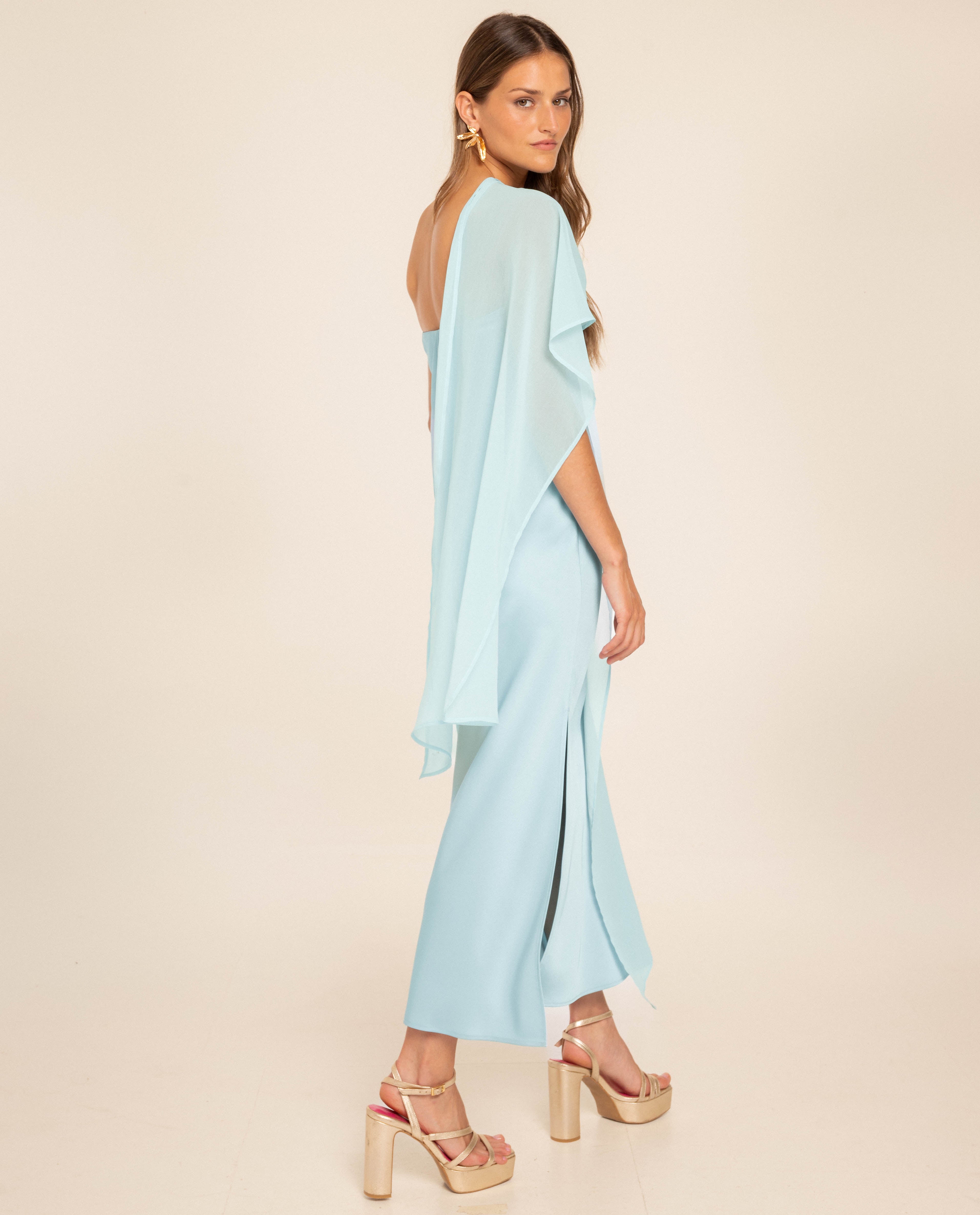 Vestido midi con escote palabra de honor y capa - The-Are - Azul claro Azul claro-3