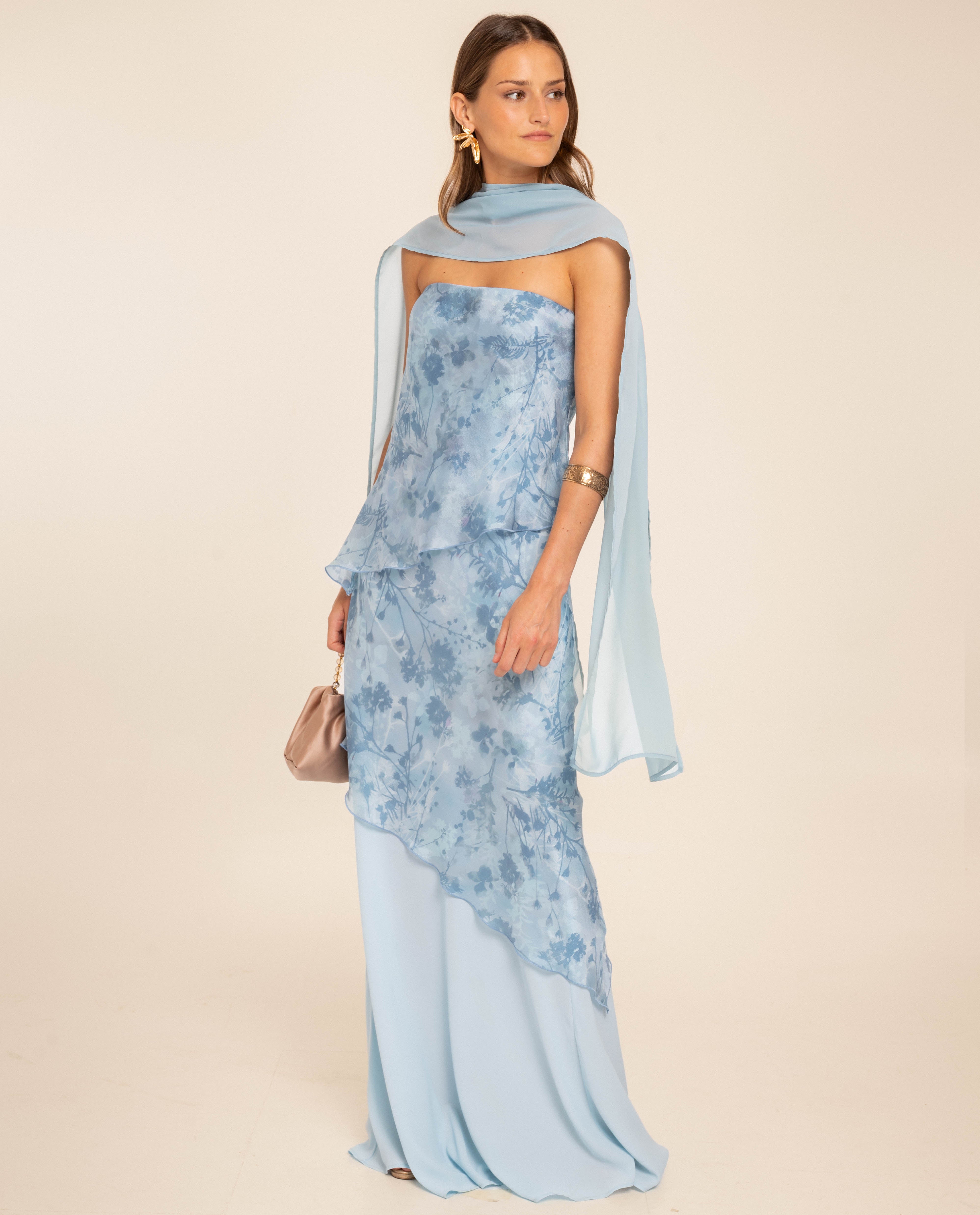 Imagen 0 de Vestido largo de tres capas con estampado floral Azul claro