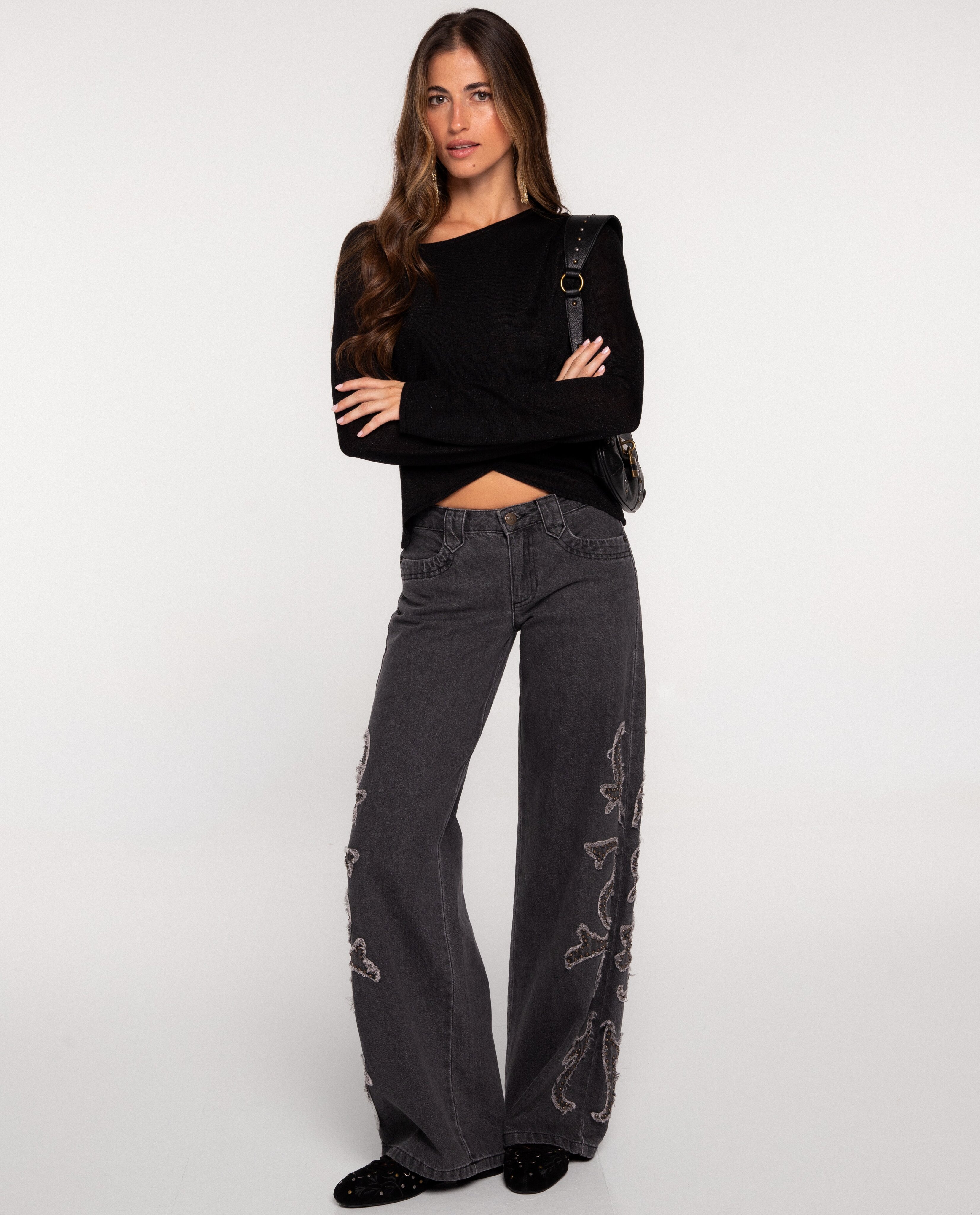 Pantalón vaquero recto con tachuelas de mujer - The-Are - Gris Gris-1