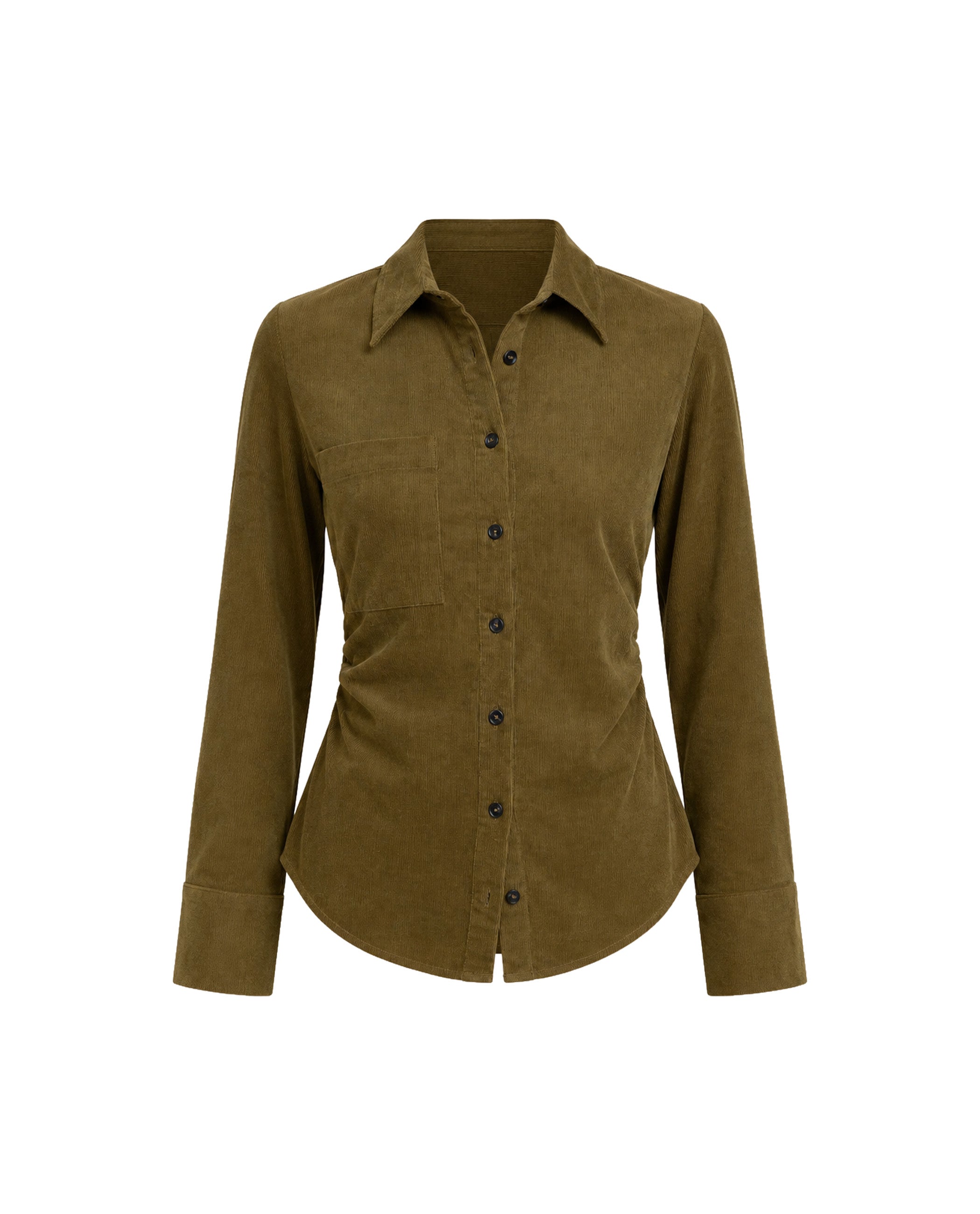 Camisa de mujer entallada de pana elástica - The-Are - Verde militar Verde militar-4