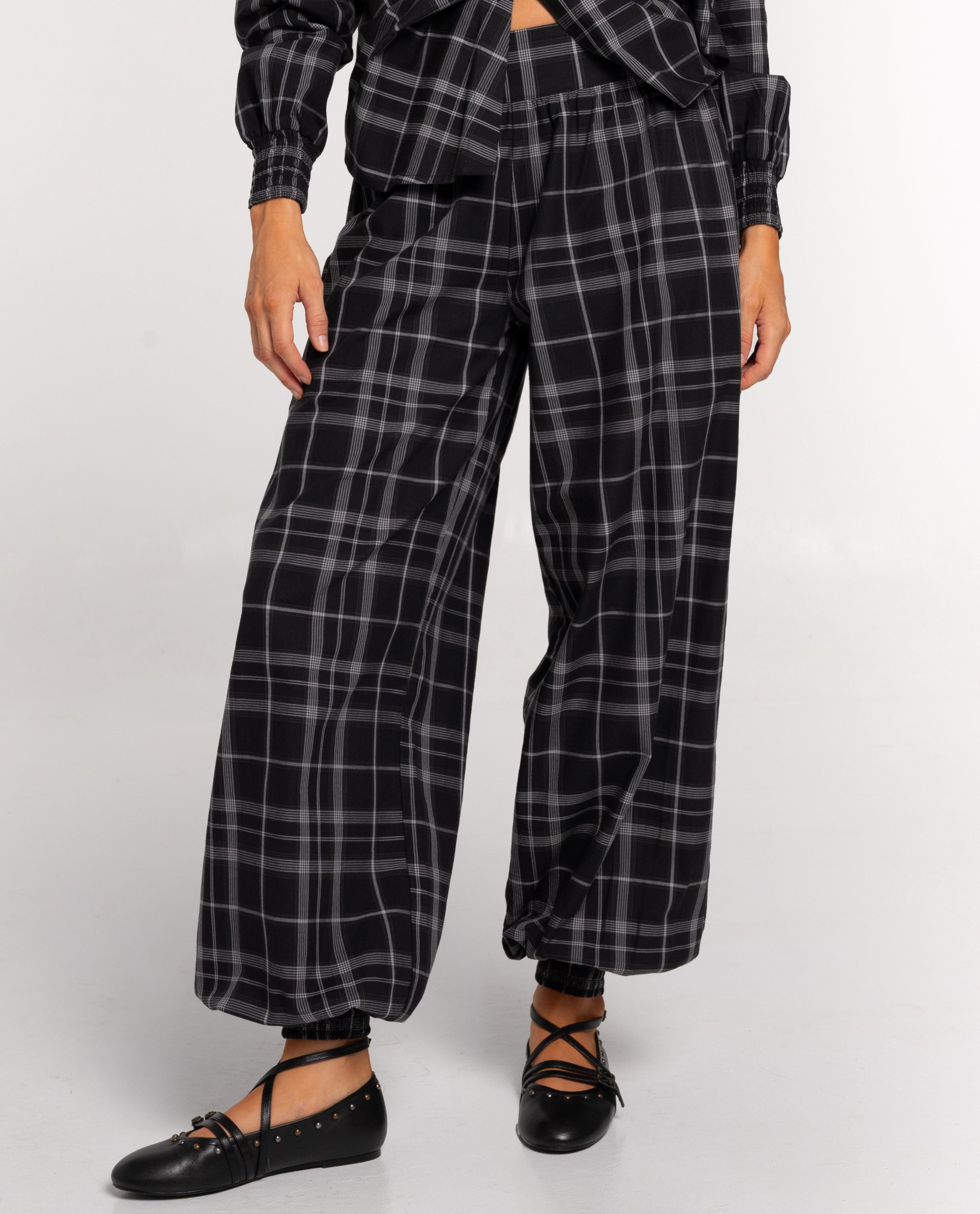 Pantalón ancho de cuadros con nido de abeja de mujer - The-Are - Gris Gris-2