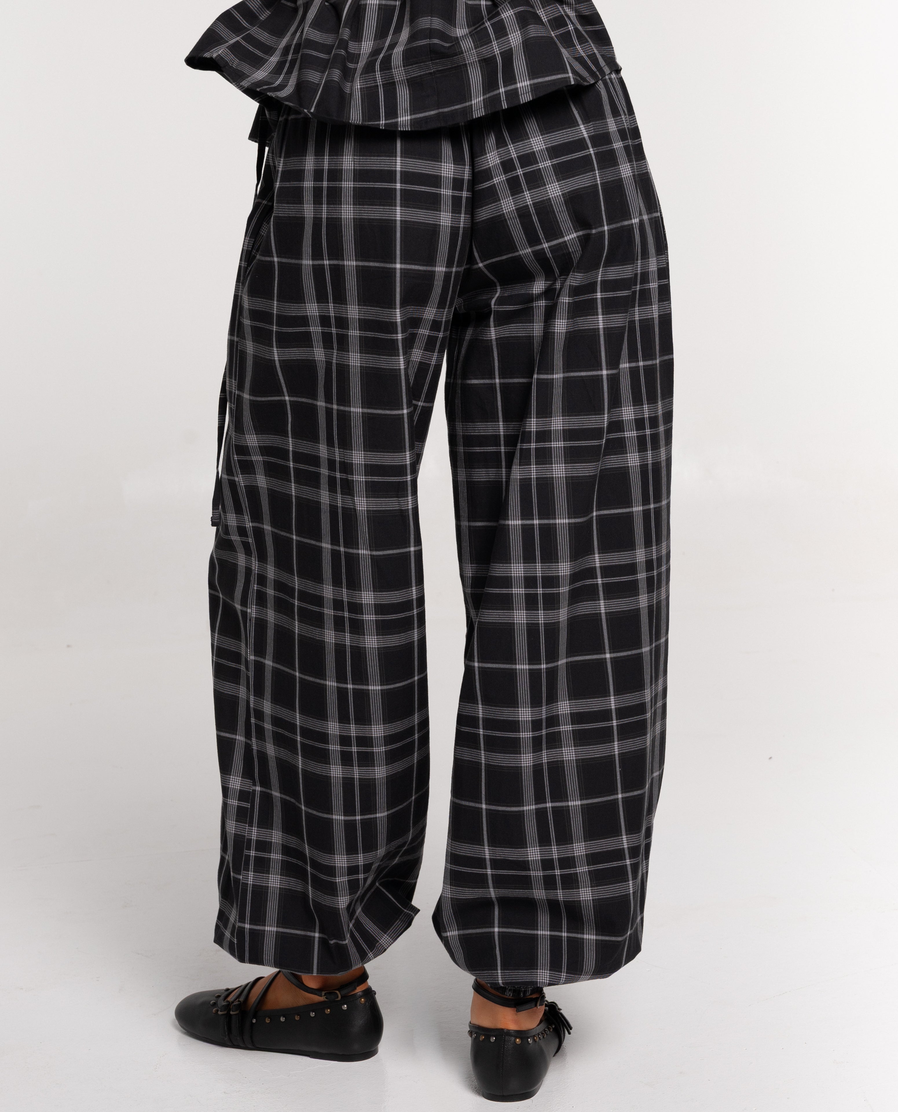 Pantalón ancho de cuadros con nido de abeja de mujer - The-Are - Gris Gris-3