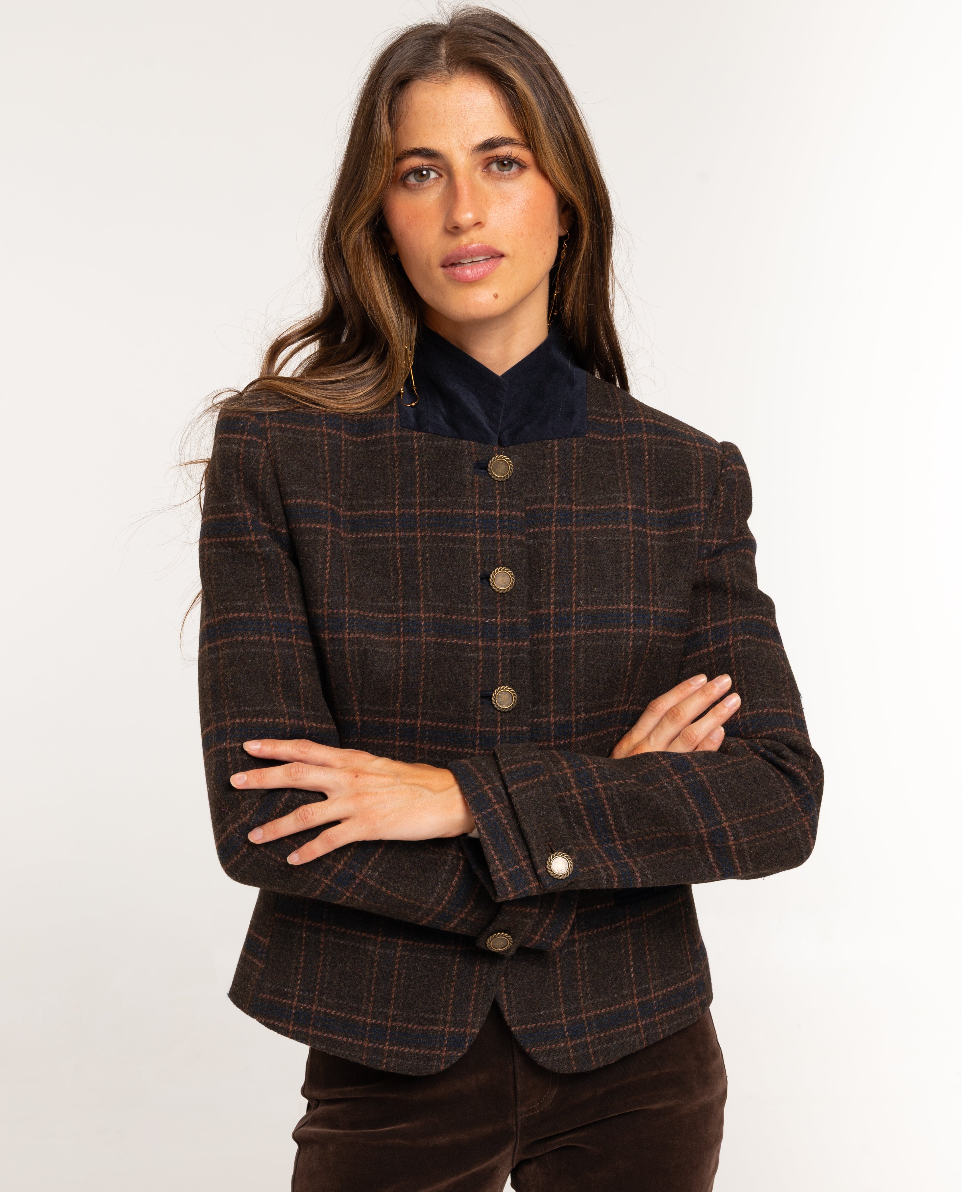 Chaqueta entallada a cuadros con lana de mujer - The-Are - Marrón Marrón-1