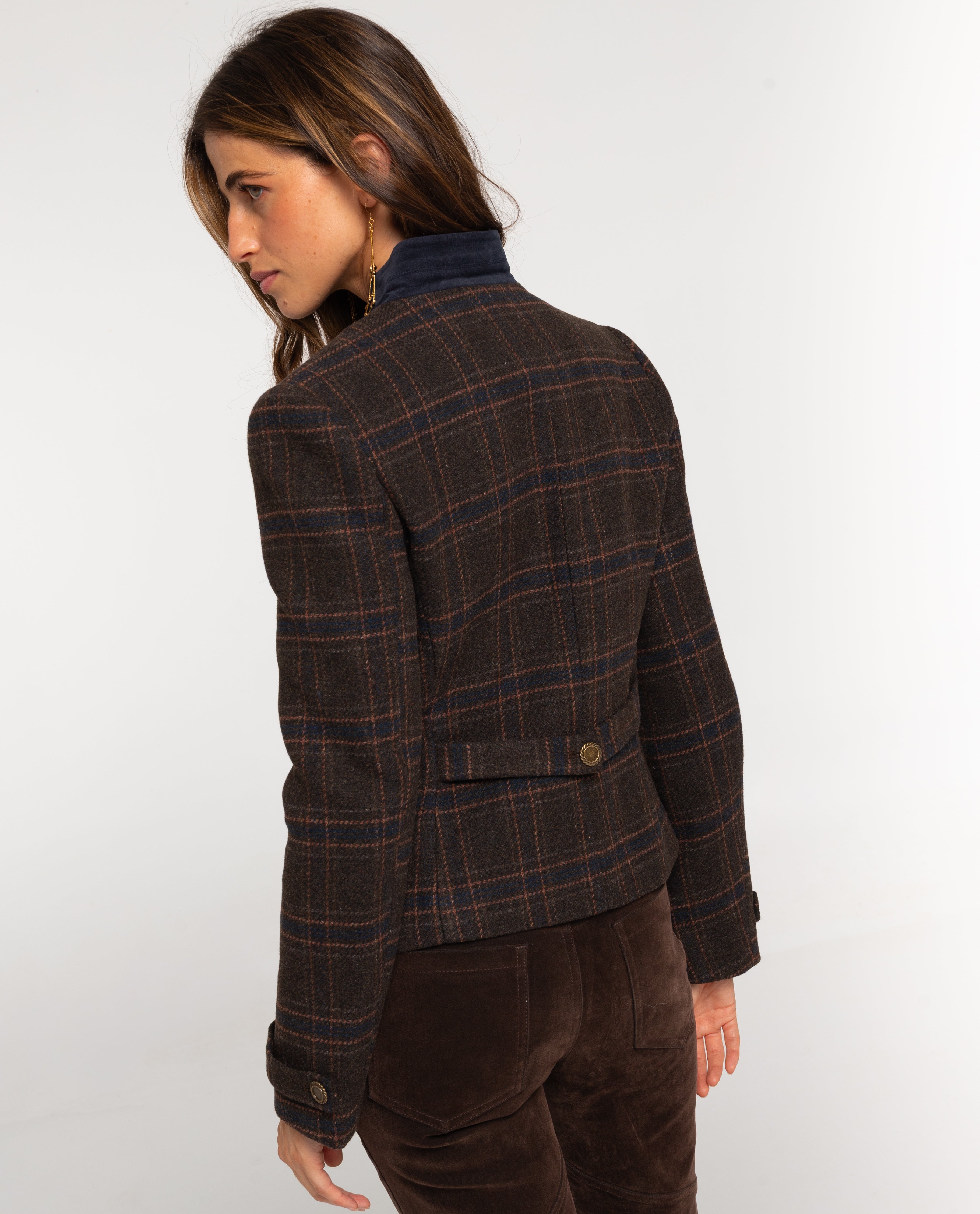 Chaqueta entallada a cuadros con lana de mujer - The-Are - Marrón Marrón-2