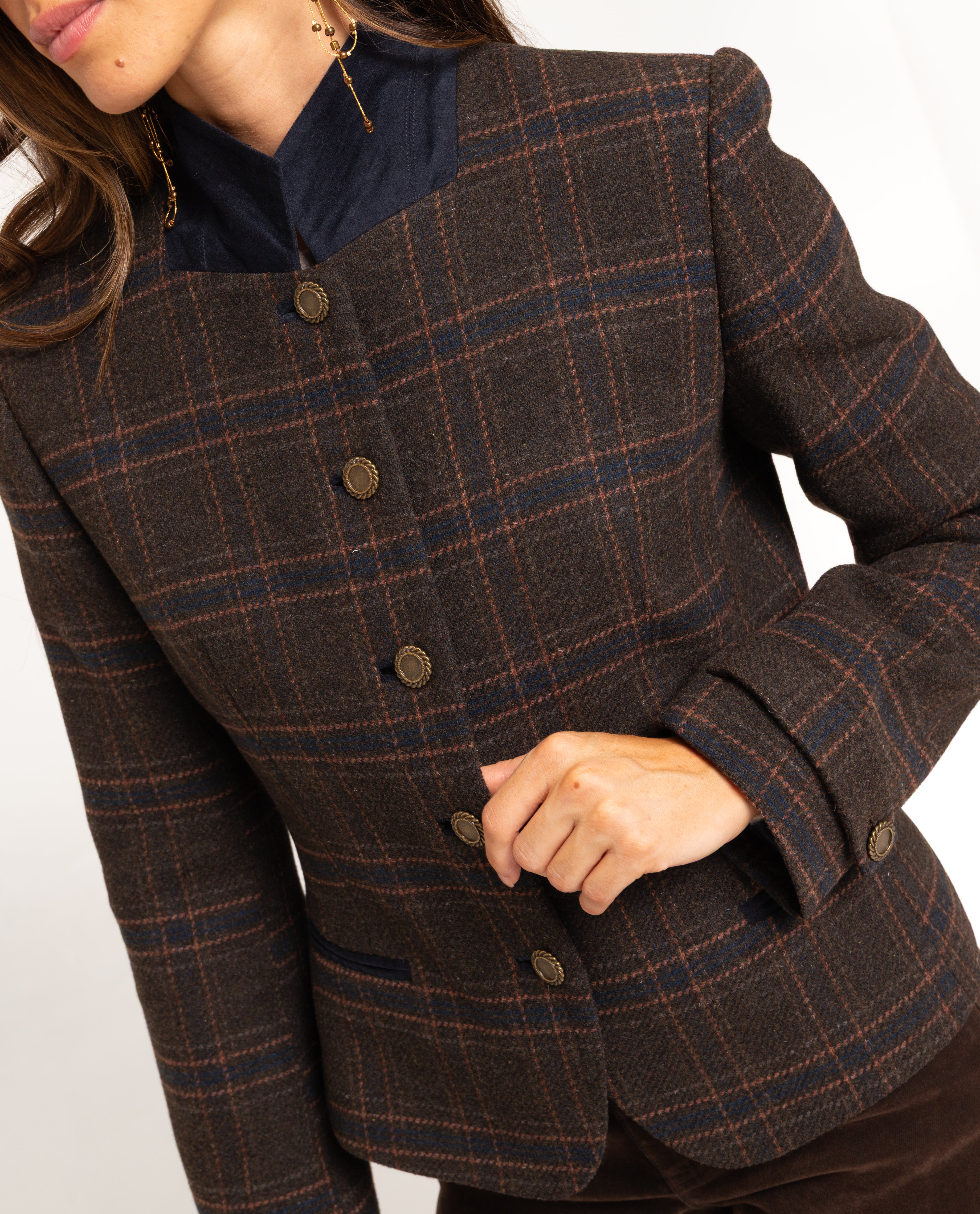 Chaqueta entallada a cuadros con lana de mujer - The-Are - Marrón Marrón-3