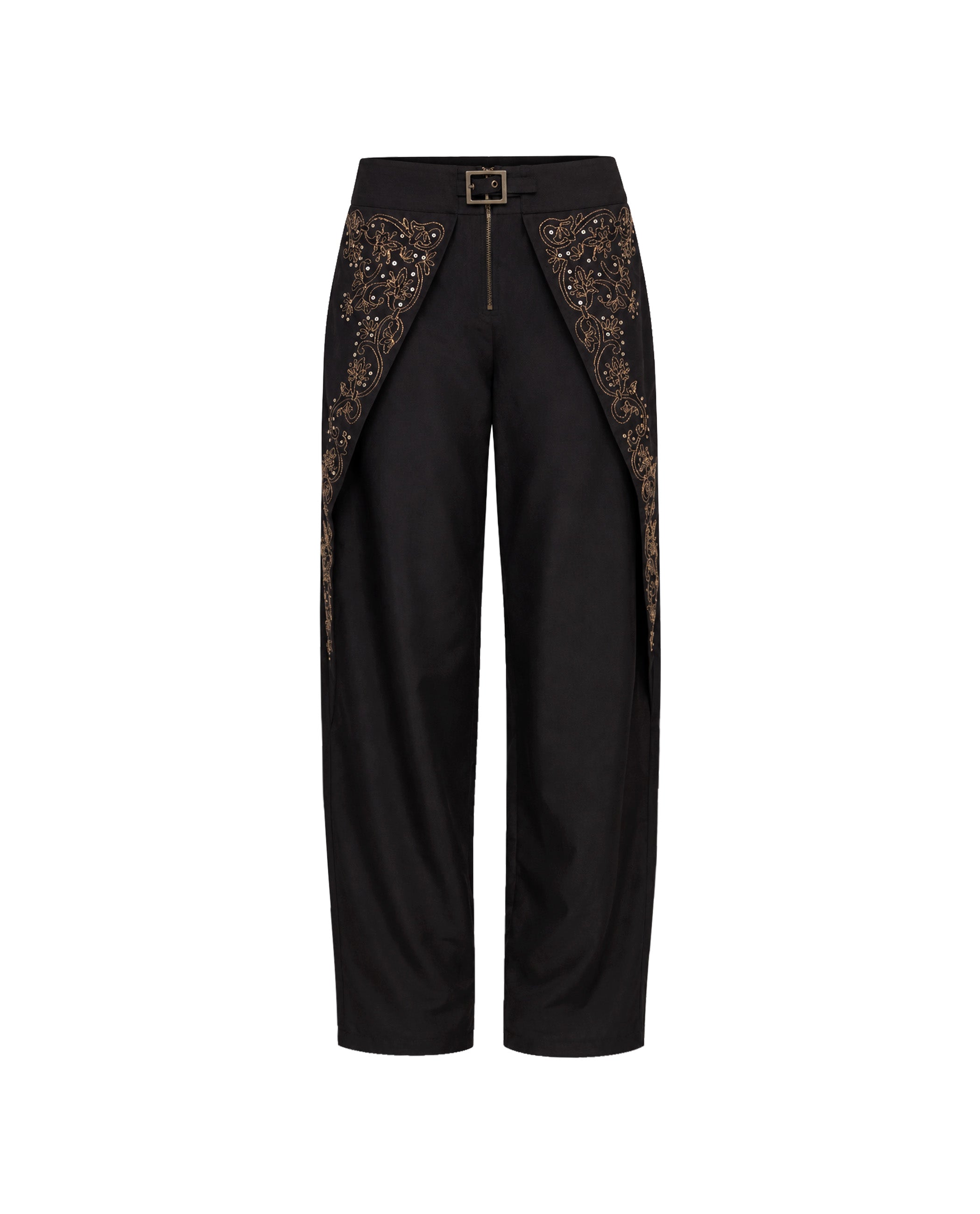 Pantalón ancho de satén con sobrefalda y bordados - The-Are - Oro Oro-6