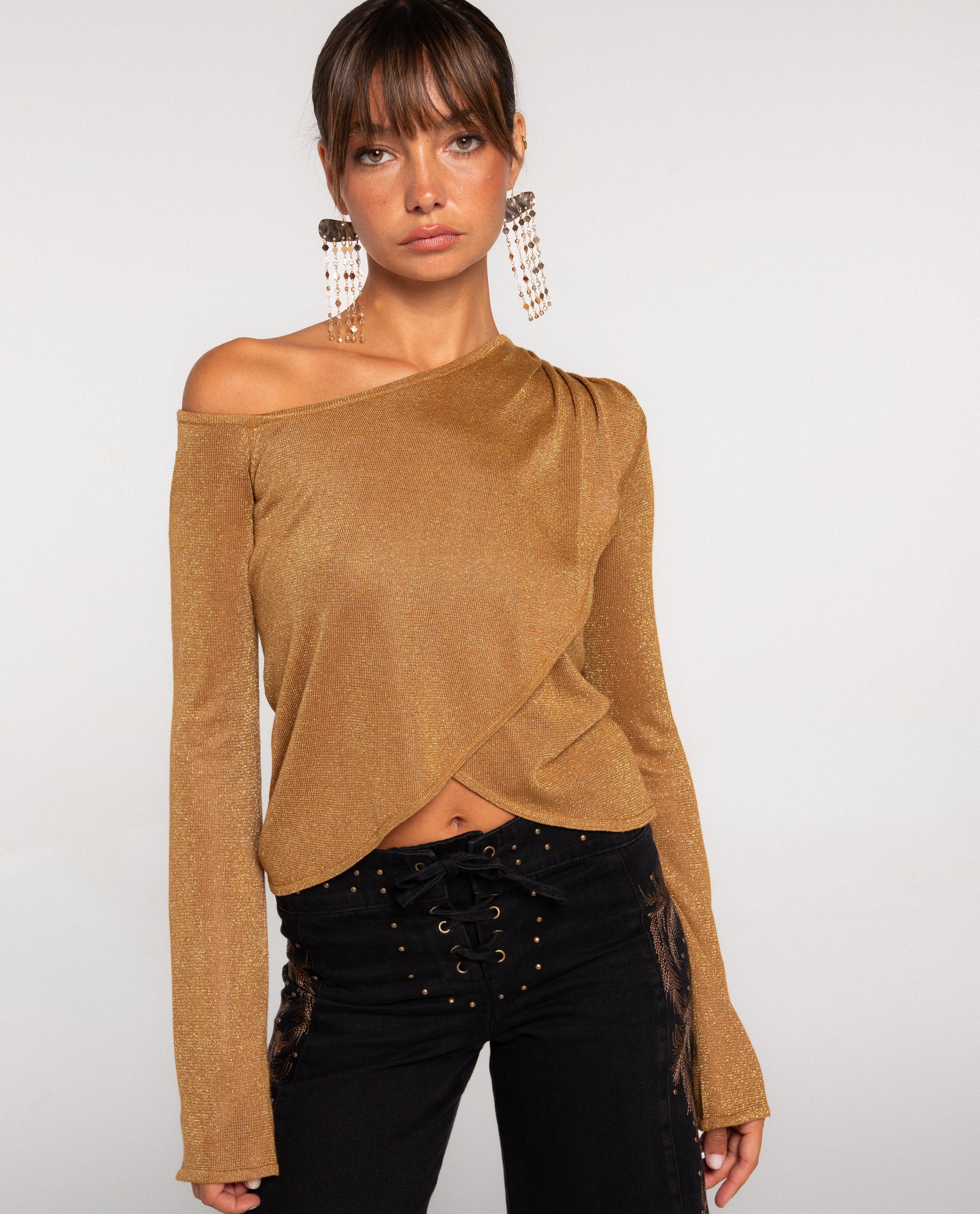 Top de punto asimétrico con lurex de mujer - The-Are - Oro Oro-1