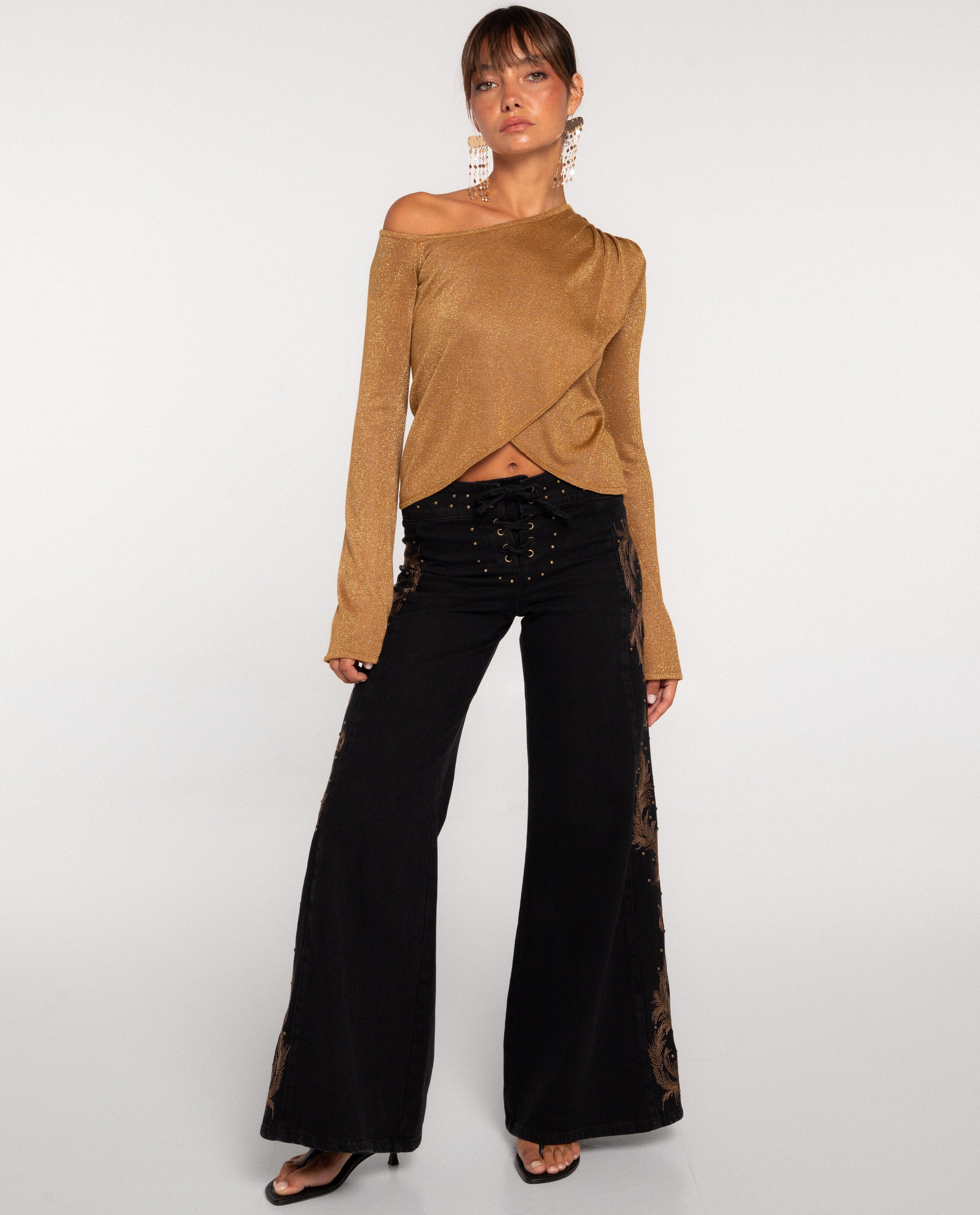 Pantalón vaquero ancho de tiro medio de mujer - The-Are - Negro Negro-1