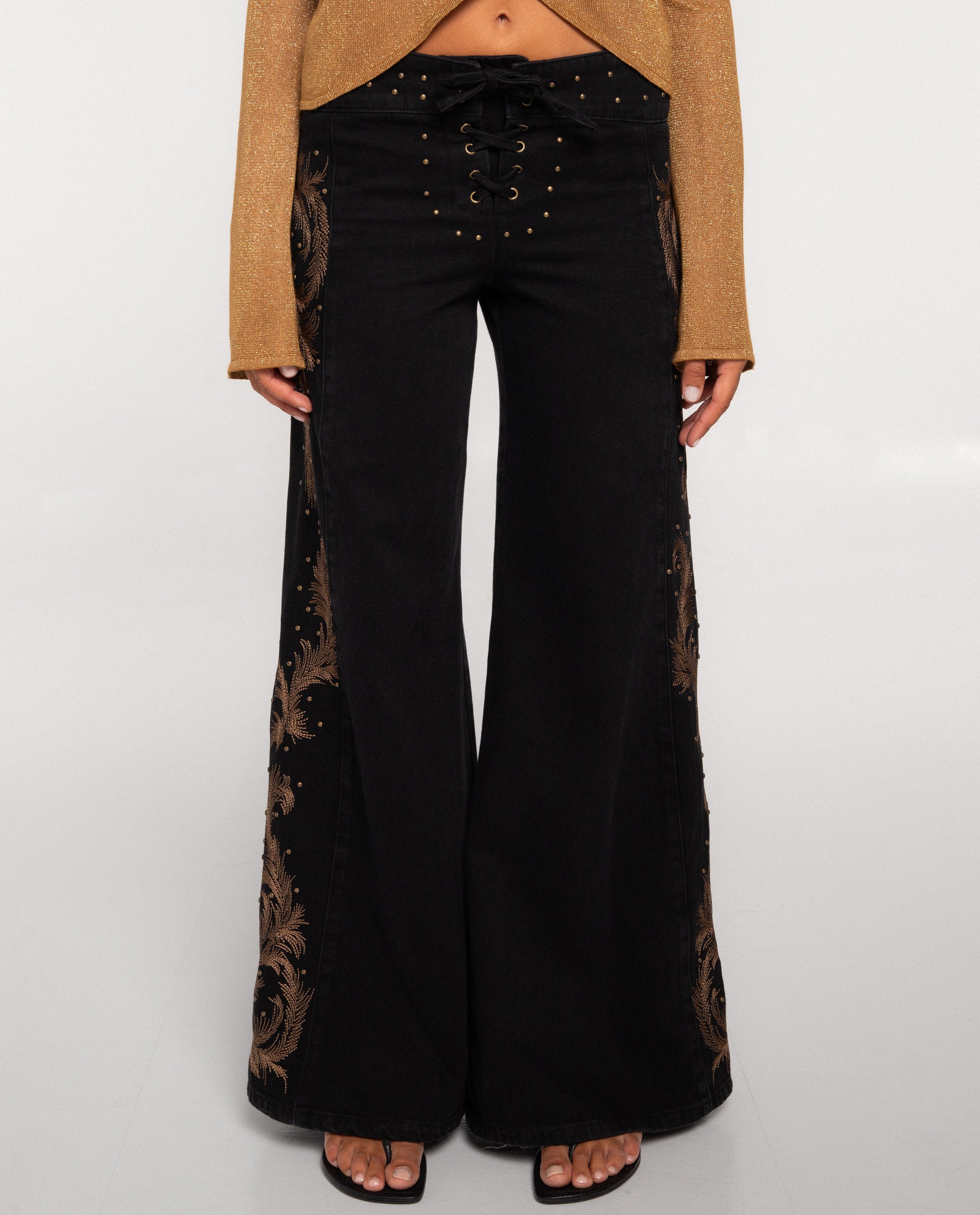 Pantalón vaquero ancho de tiro medio de mujer - The-Are - Negro Negro-3