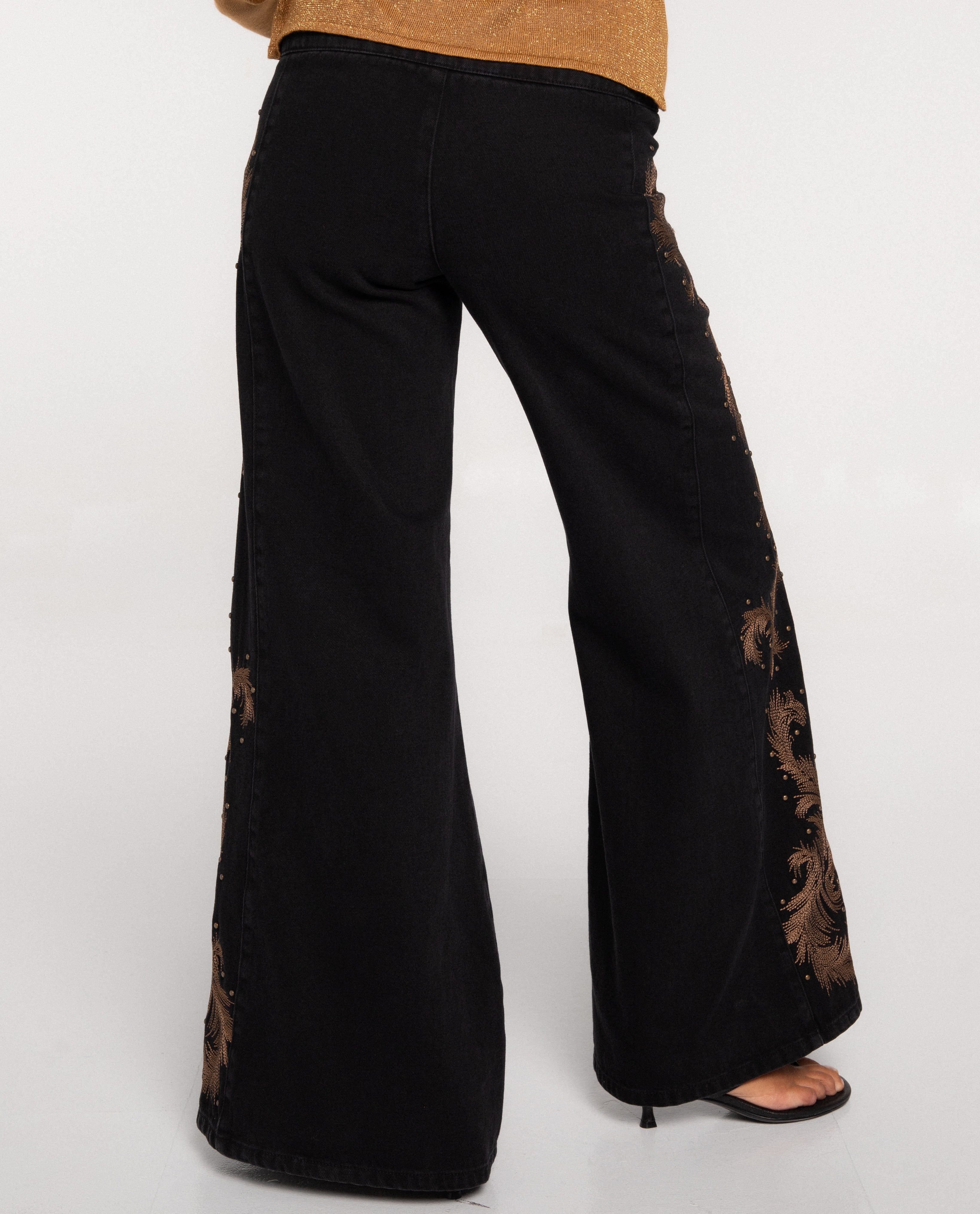 Pantalón vaquero ancho de tiro medio de mujer - The-Are - Negro Negro-4
