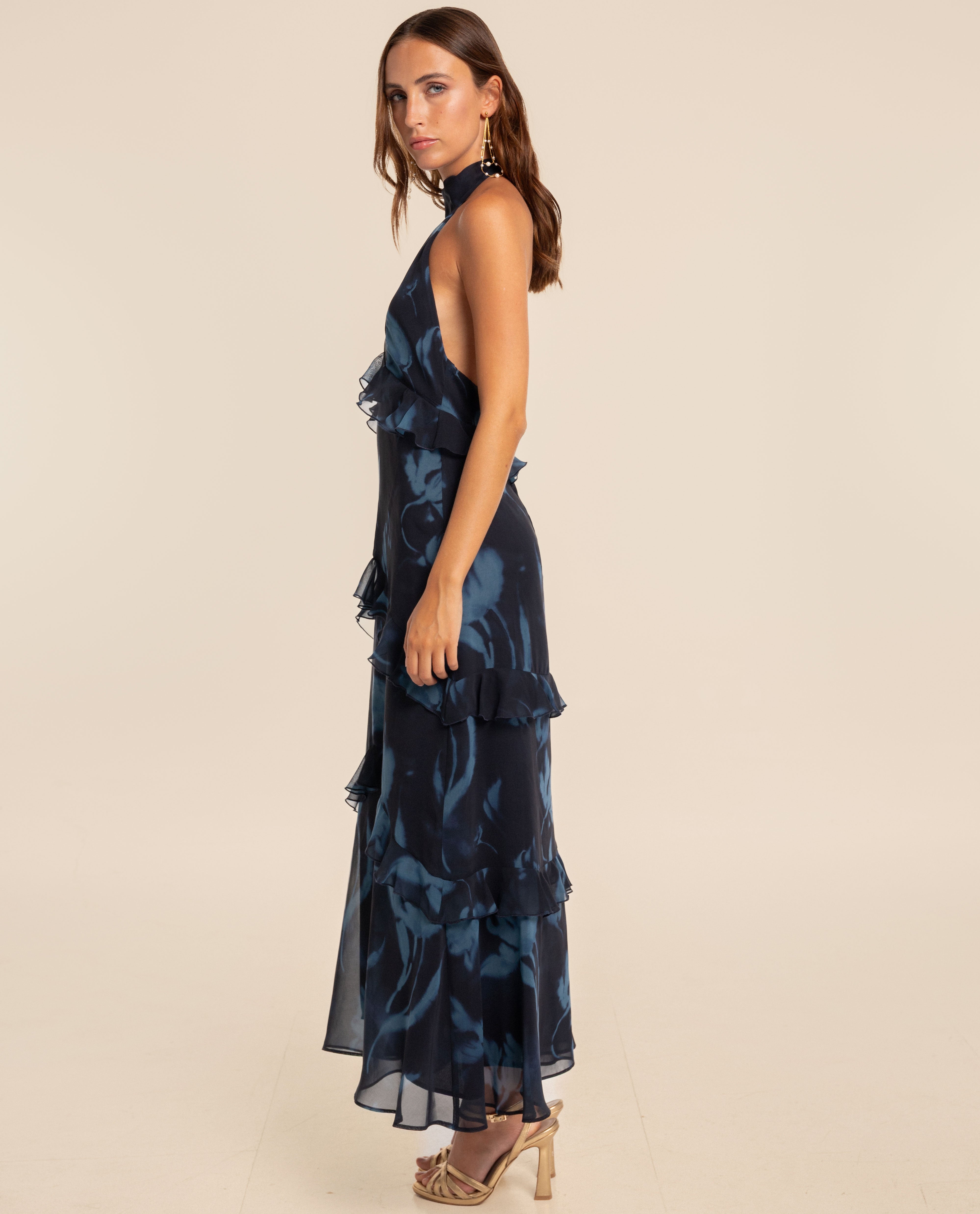 Vestido midi sin mangas con cuello chimenea y volantes - The-Are - Azul Azul-2