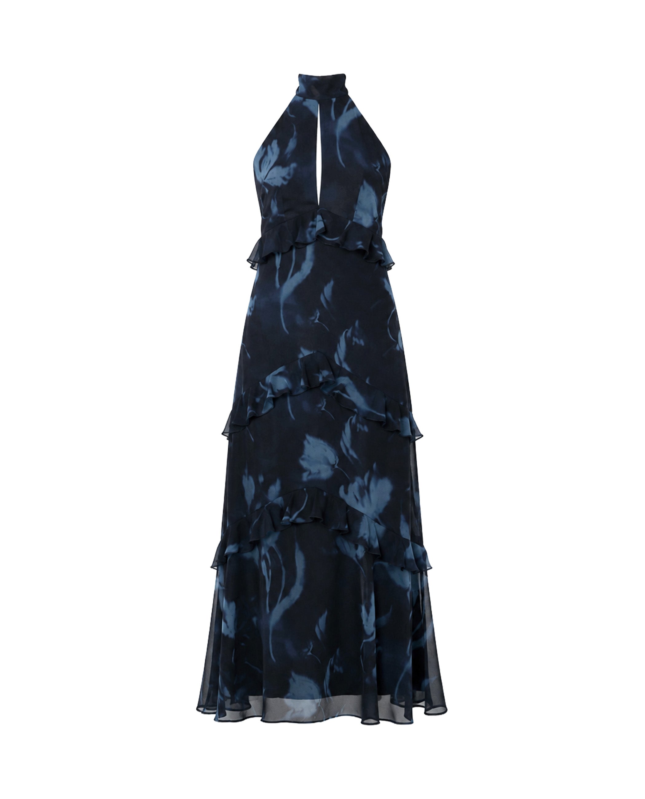 Vestido midi sin mangas con cuello chimenea y volantes - The-Are - Azul Azul-5