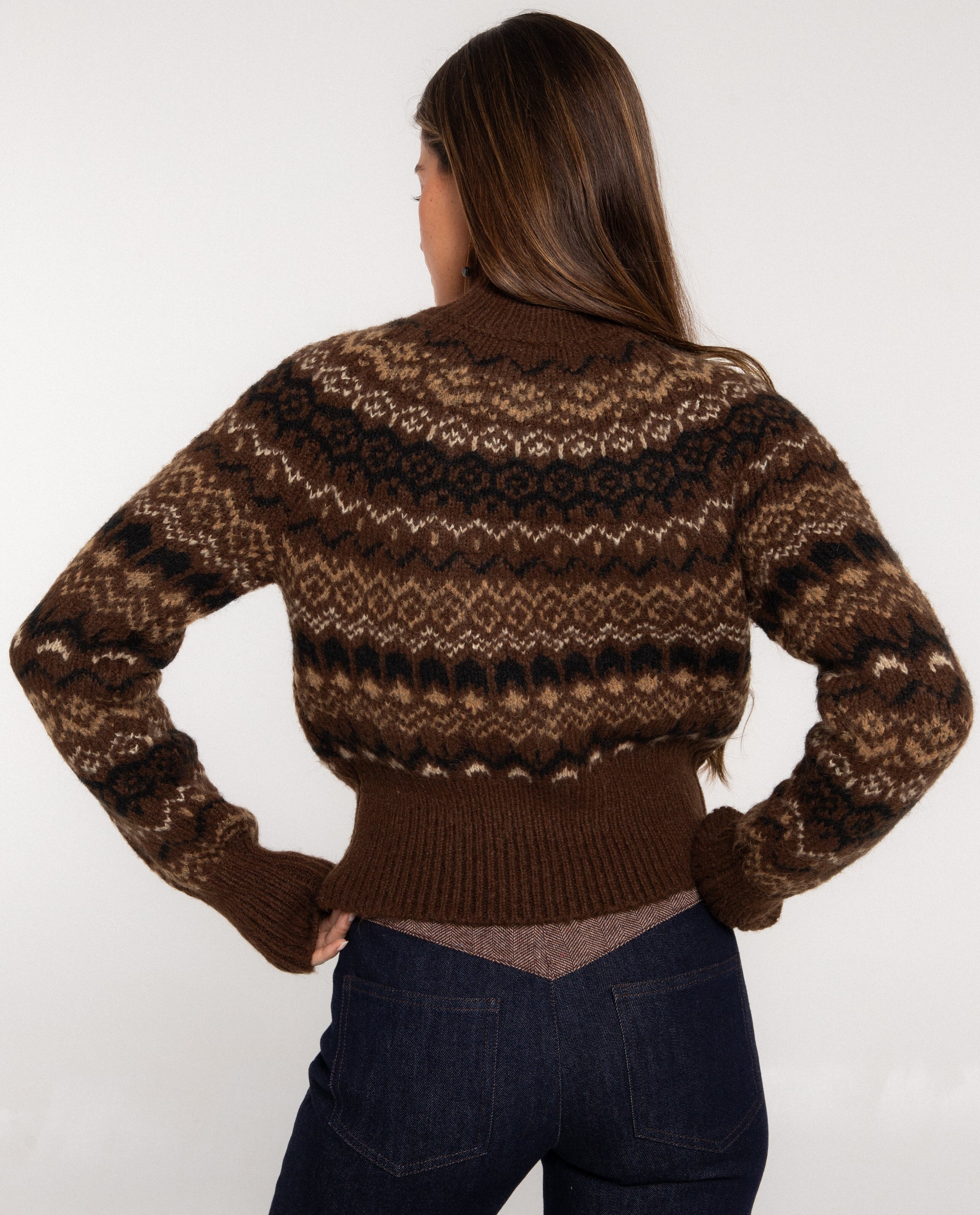 Jersey corto de cuello vuelto con estampado jacquard de mujer - The-Are - Marrón Marrón-2